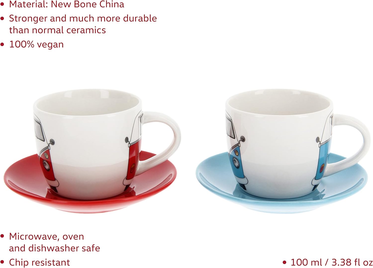 BRISA VW Collection - Volkswagen Espresso Cups Coffee-Tea-Cappuccino Set in T1 Bus Campervan Design (Bus Front/100ml/3.4 fl oz) (Set of 2 (red, blue))