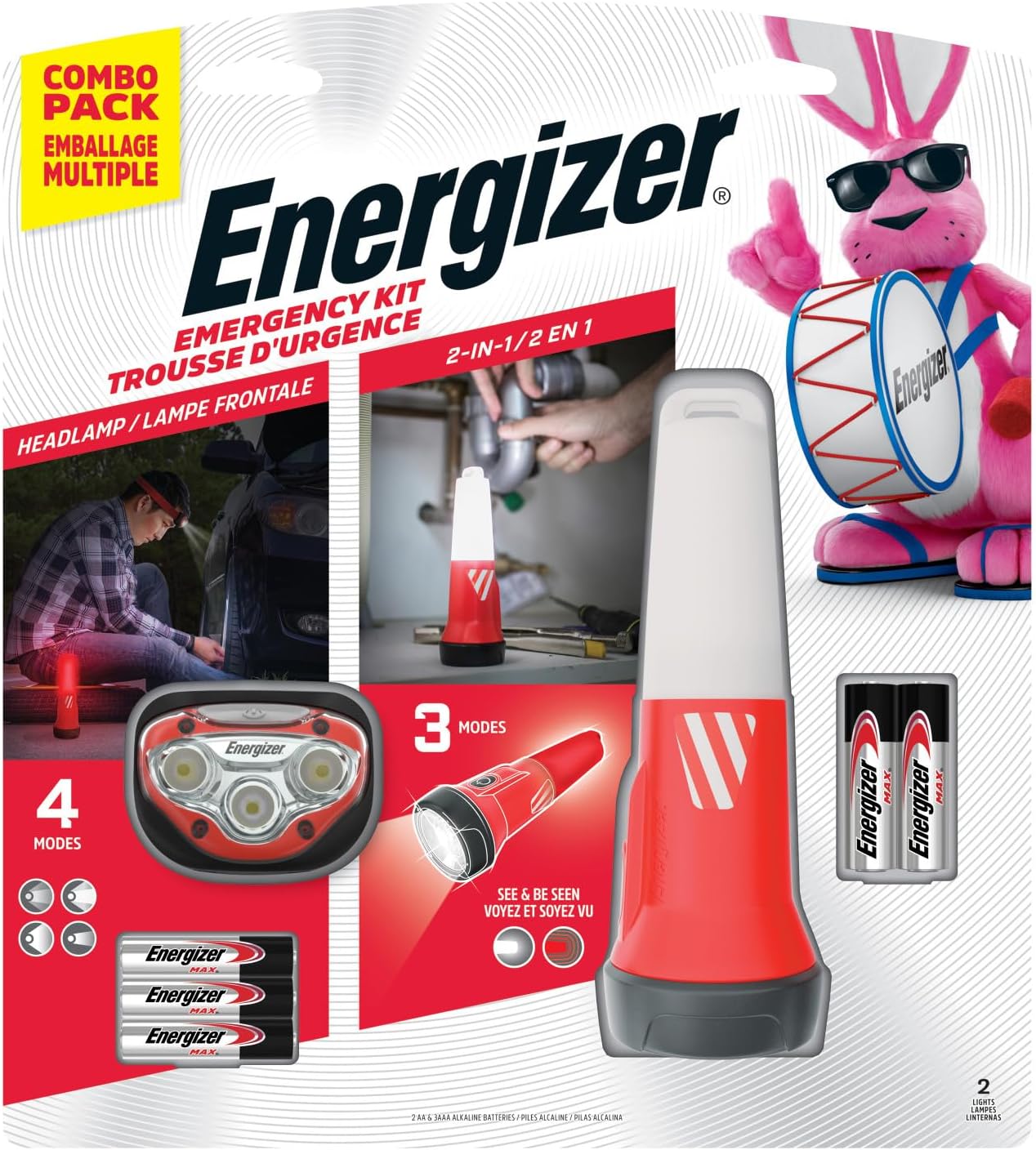 Energizer Auto Lights Safety Kit, Up to 300 Lumens, IPX4 Water Resistant, Rugged Construction, Great LED Headlamp and LED Flashlight Light Kit for The Car, Batteries Included
