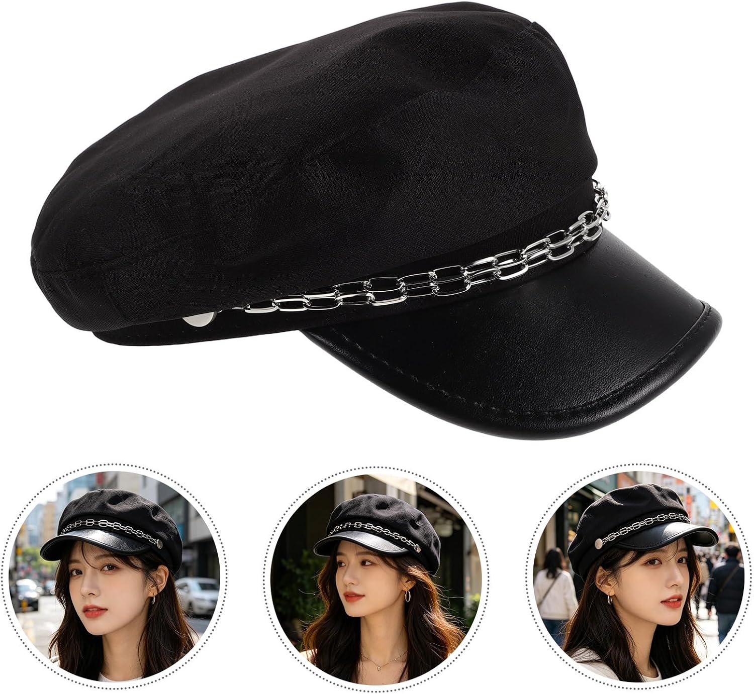Outanaya Women’s Black Faux Leather Newsboy Cap with Chain, Lightweight and Comfortable Pu Sailor Hat, Vintage Flat Top Short Brim Hat for Classic British Style Outfits