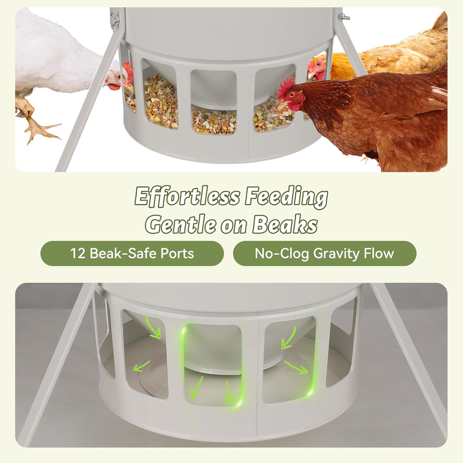 KOL Metal Chicken Feeder - 20lbs No Waste Chicken Feeder with 12 Ports, Powder Coated Rust-Proof Design & Smooth Edges for Safe Feeding (Jade White)