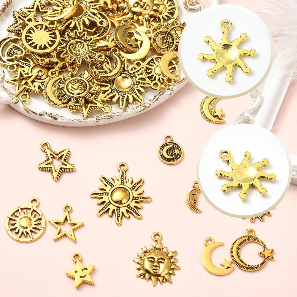 SUNNYCLUE 1 Box 64Pcs 16 Styles Celestial Metal Charms Sun Moon Star Charm Bulk Gold Alloy Vintage Assorted Planet Themed Pendants for Jewelry Making Bracelets Necklace Earring DIY Crafts Findings - Image 3