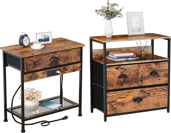 Furologee Nightstand with Charging Station and USB Ports, End Table with Drawer and