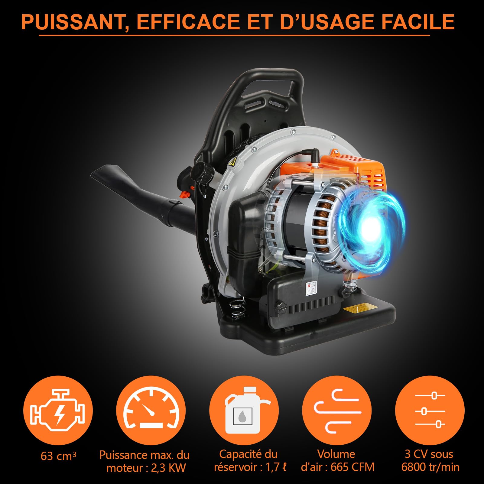 Souffleur Thermique 2 Temps 63 CC, Souffleur Feuille Thermique à Dos à Neige Haute Résistance pour l'Extérieur, Orange-A