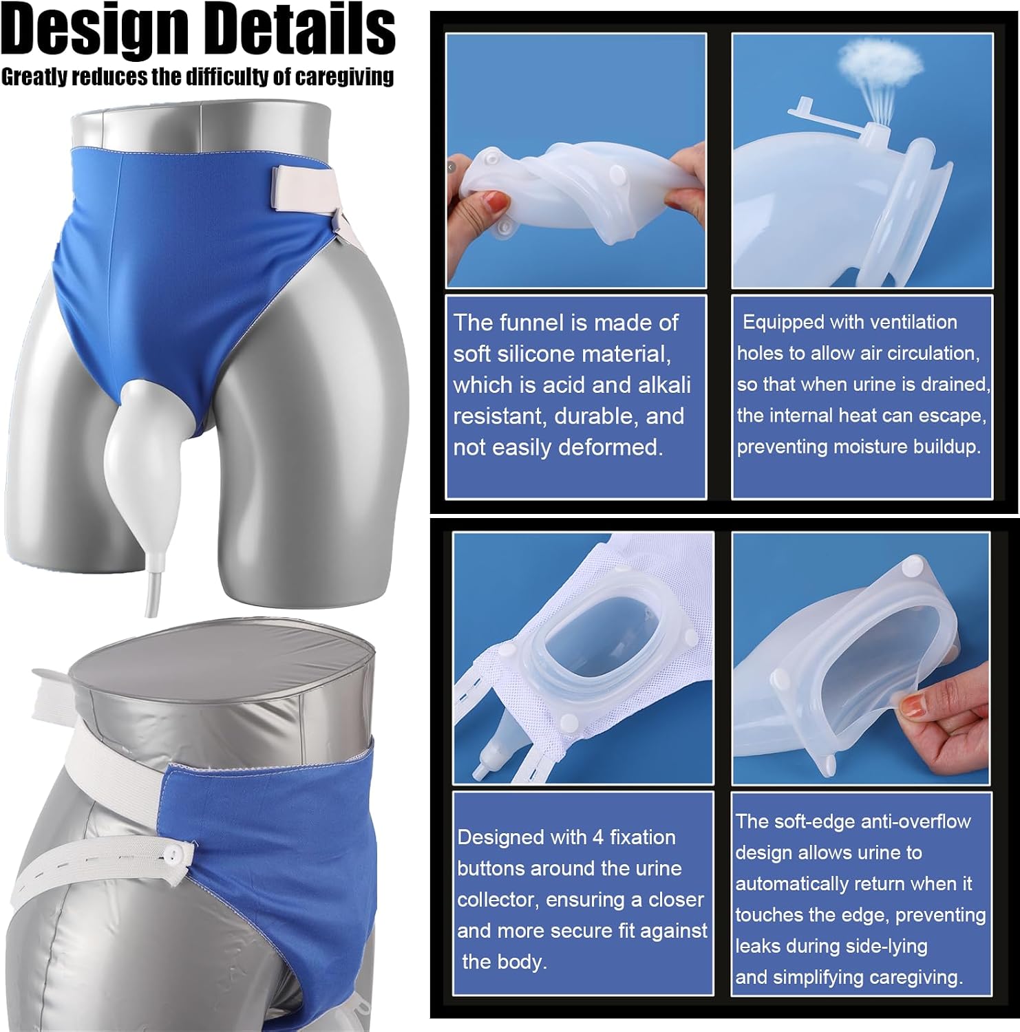 Urine Collection Bag, Condom Catheter for Men Overnight, Reusable Wearable Silicone Urine Drainage Device with Breathable Fixed Pants and Flexible 1.2M Tubing