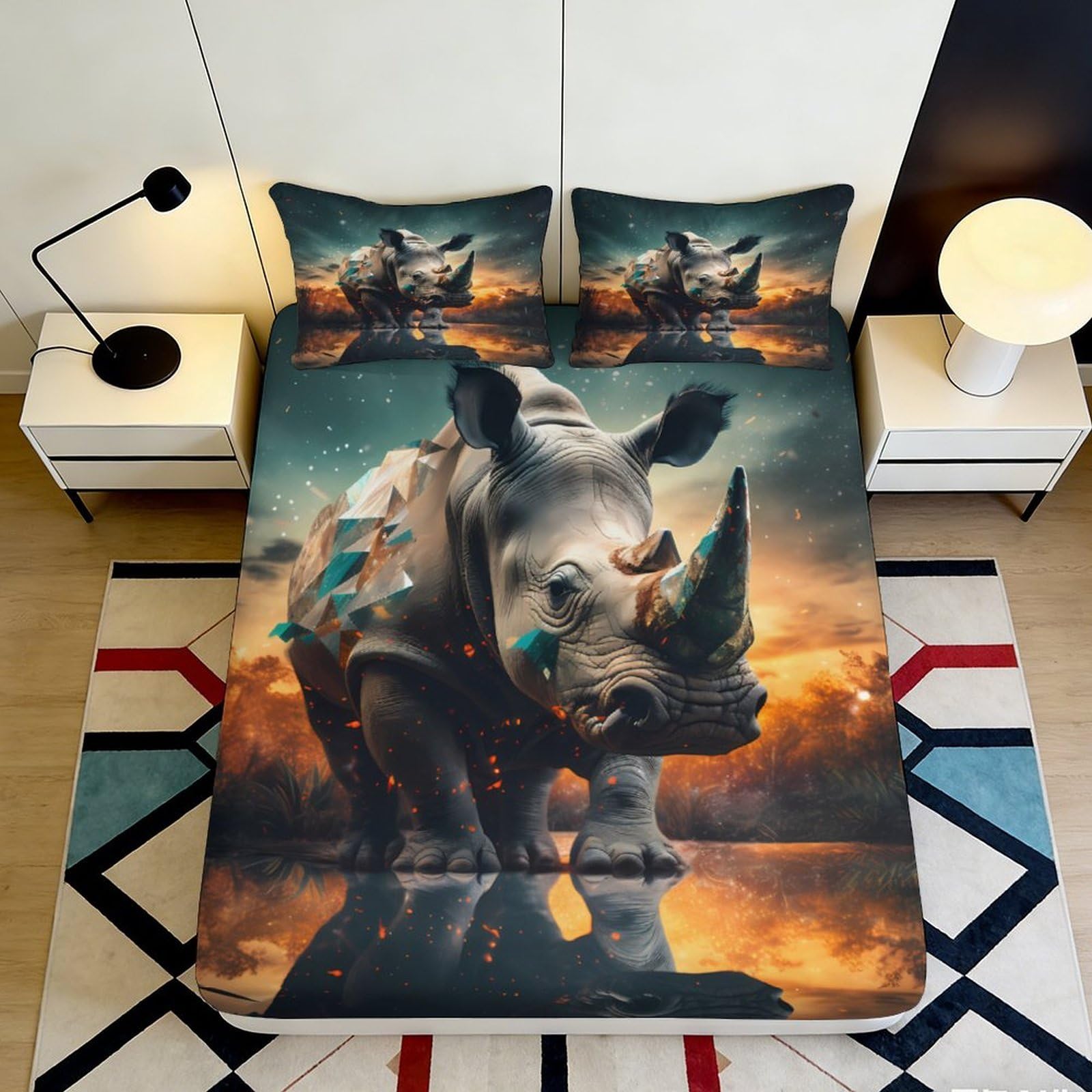3D Printed Sunset Rhino Fitted Sheet Microfiber Soft Breathable Animal Landscape Mattress Cover for Bedroom Dorm Decor 90x200x25cm