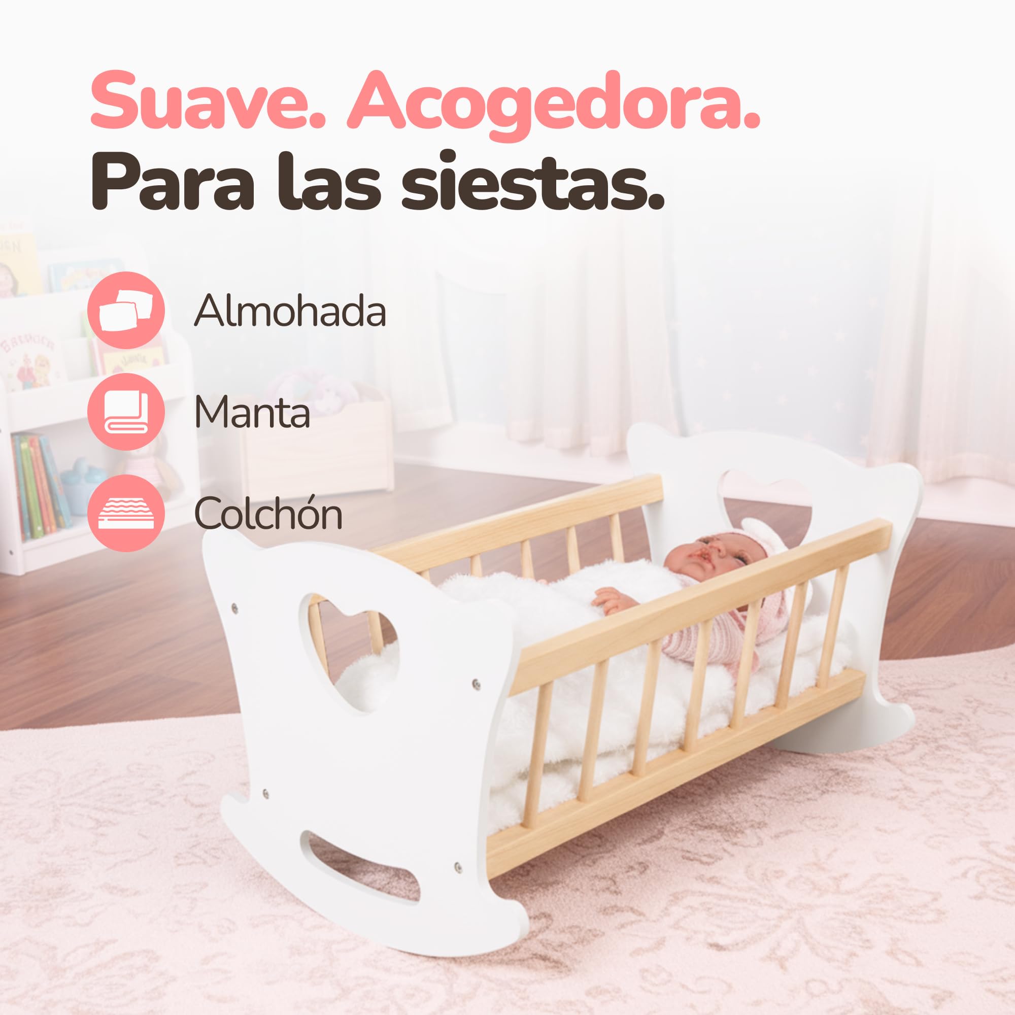 Kinderplay - Cuna de Madera con Ropa de Cama para muñecas de hasta 49,5 cm, Juguete de Madera para niñas a Partir de 3 años, Cuna sostenible para Juegos de rol y Regalo para niños