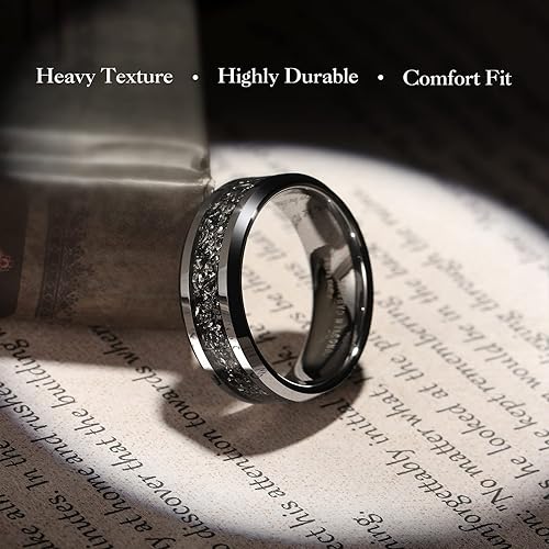 Miniatura 3 de King Will - Anillos de boda de tungsteno con meteorito, 1564 y 516 de pulgada, negro y plateado, anillos de compromiso para parejas, borde biselado,