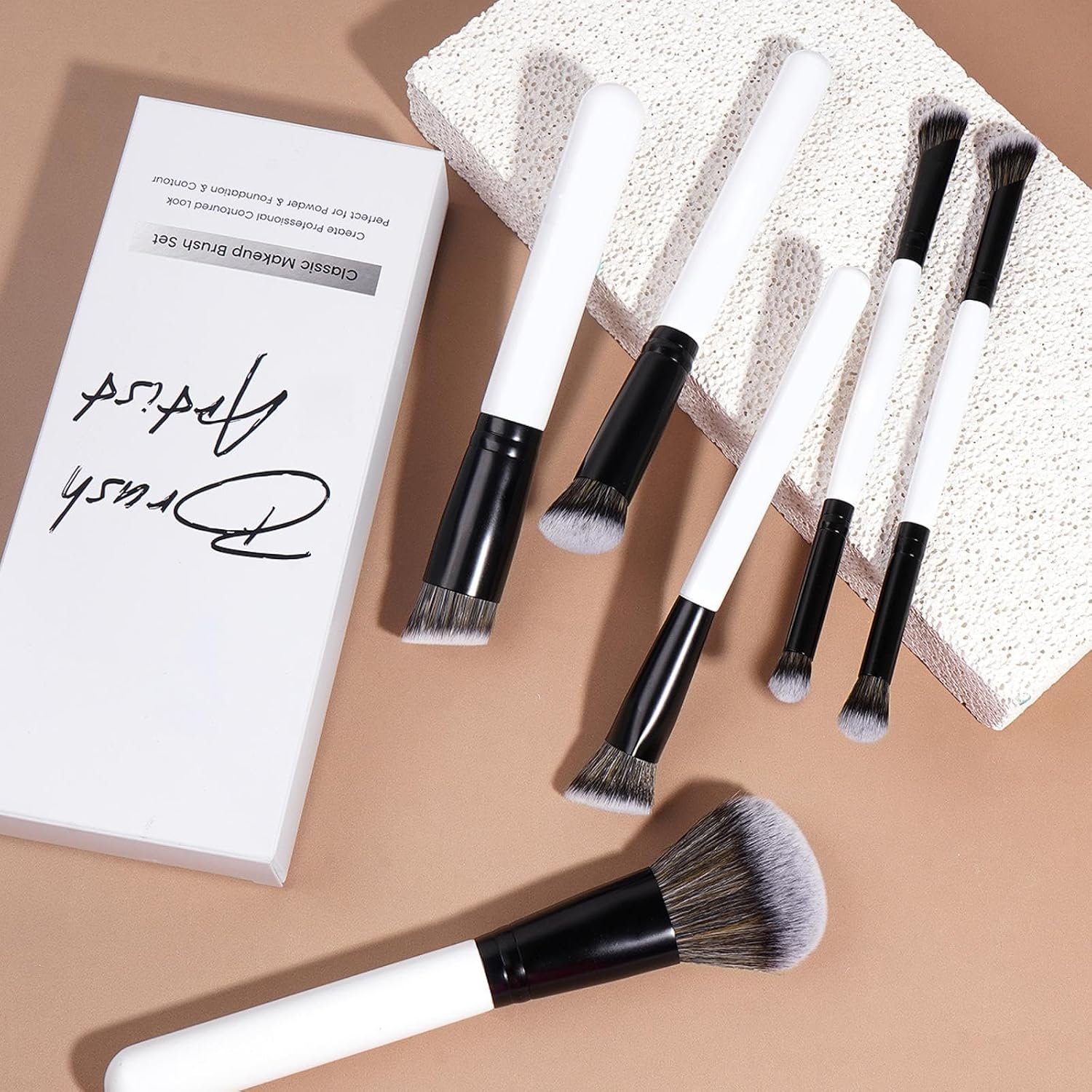 Makeup Brush Set - 6PCS Travel Makeup Brushes, Real Techniques Brush Set with for Foundation, Concealer, Powder, Eye Shadows, Blush, Professional Make up Brush Set for Women, Black & White