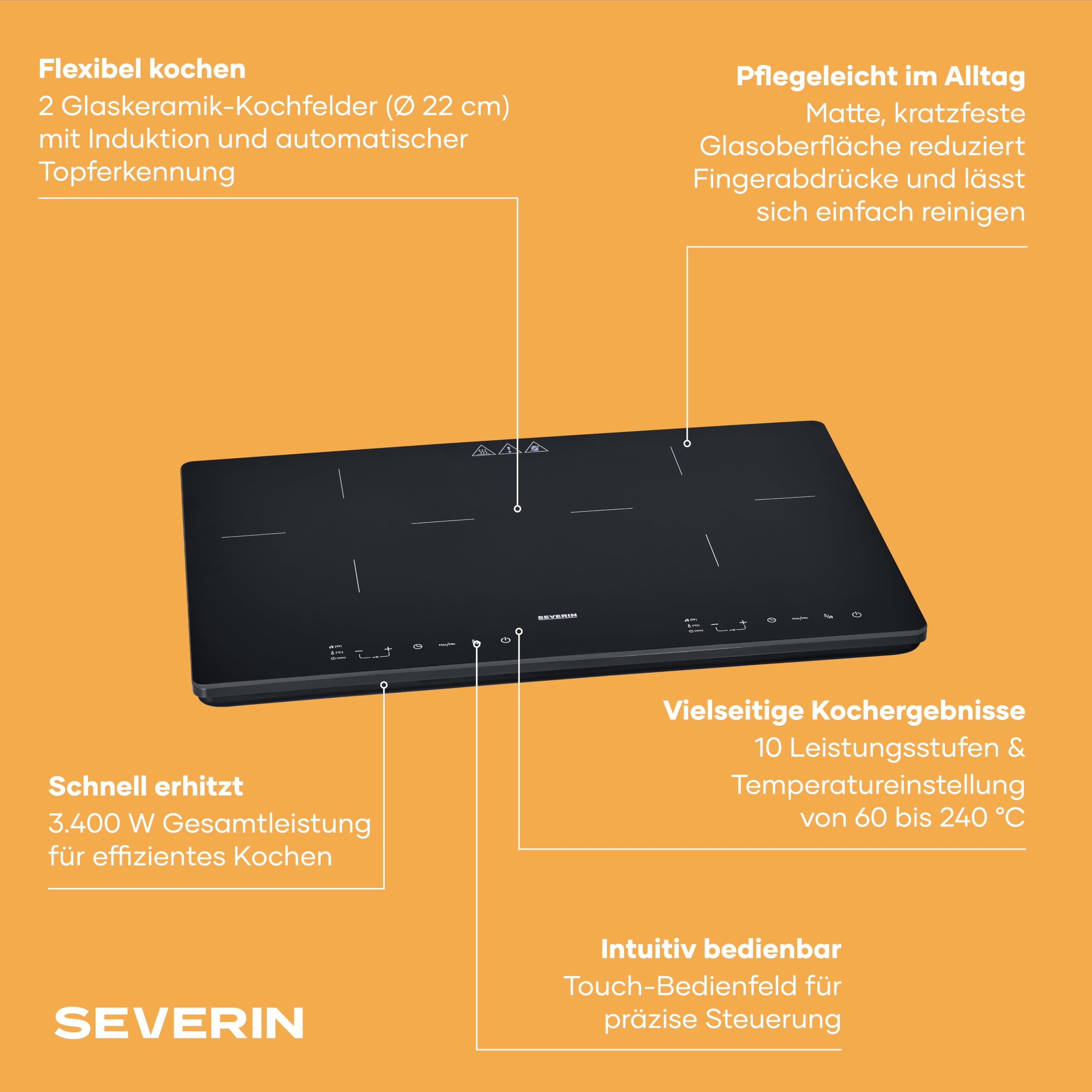Severin Doppel-Induktionskochplatte 2 Platten, kratzfeste Glaskeramik-Kochfelder, matt, 10 Leistungsstufen, Touch-Display, Timerfunktion, automatische Abschaltung, 3.400W, schwarz, Glas, DK 1033