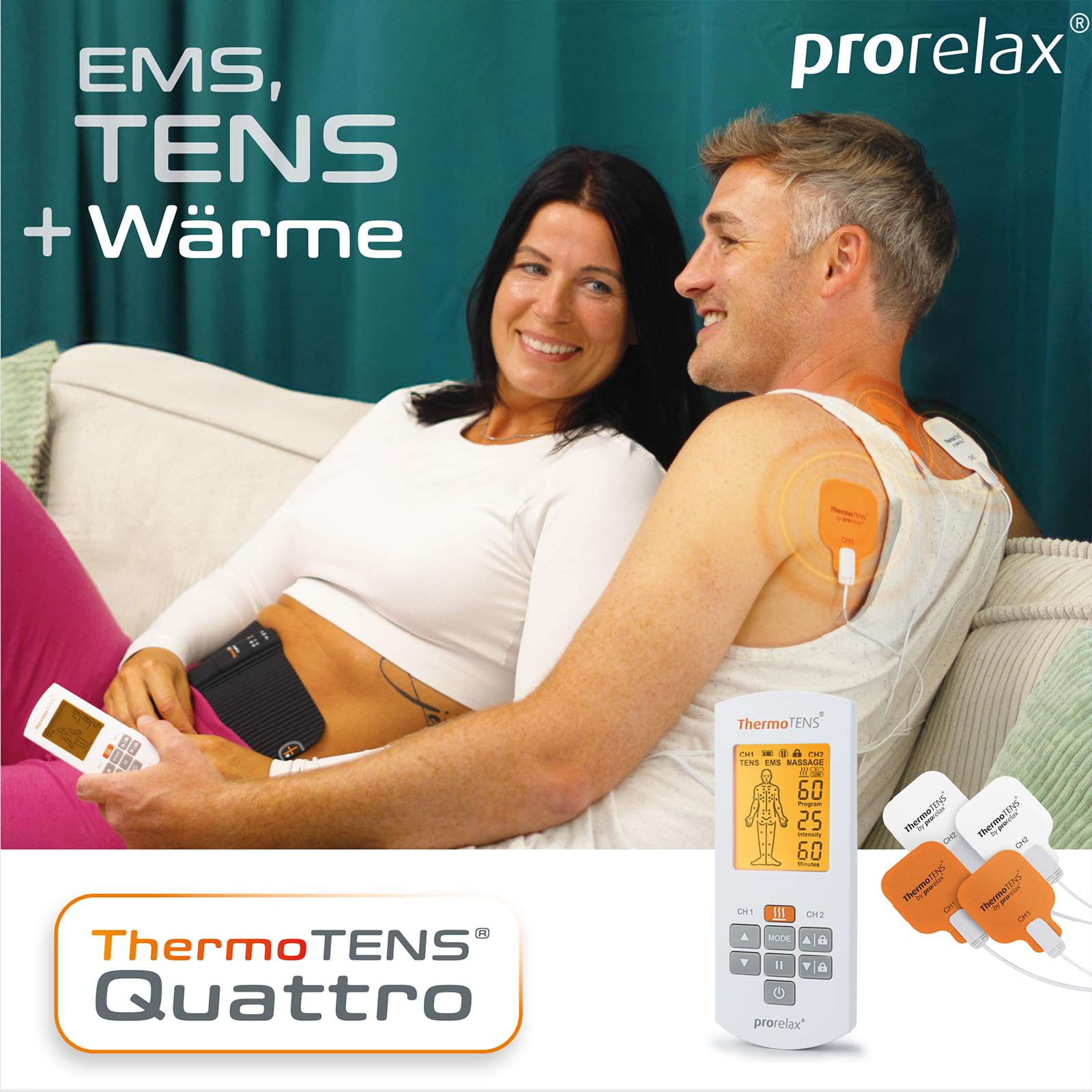 prorelax TENS/EMS QUATTRO | Akkubetriebenes Elektrostimulationsgerät | 4 Therapien - TENS, EMS, MASSAGE, WÄRME | Zur Schmerzlinderung, Entspannung, Muskelaufbau | 60 Programme | 25 Intensitätsstufen