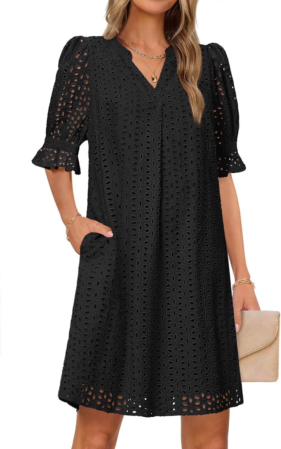 MEROKEETY Spring Short Sleeve Casual V Neck A Line Flowy Tiered Dresses