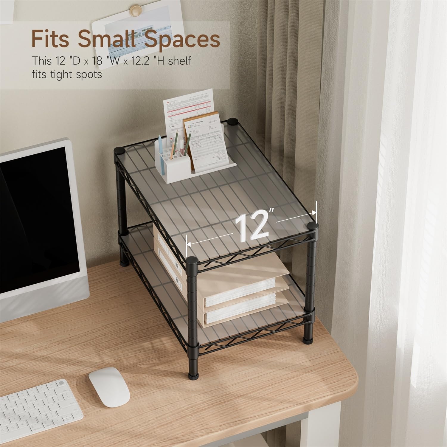 Small 2 Tier Shelves Storage Wire Shelving Unit Metal Shelf Adjustable Organizers Storage Shelving with Wheels for Bathroom Laundry Room Kitchen Pantry12”D x 18”W x 12.2”H Black - Image 6