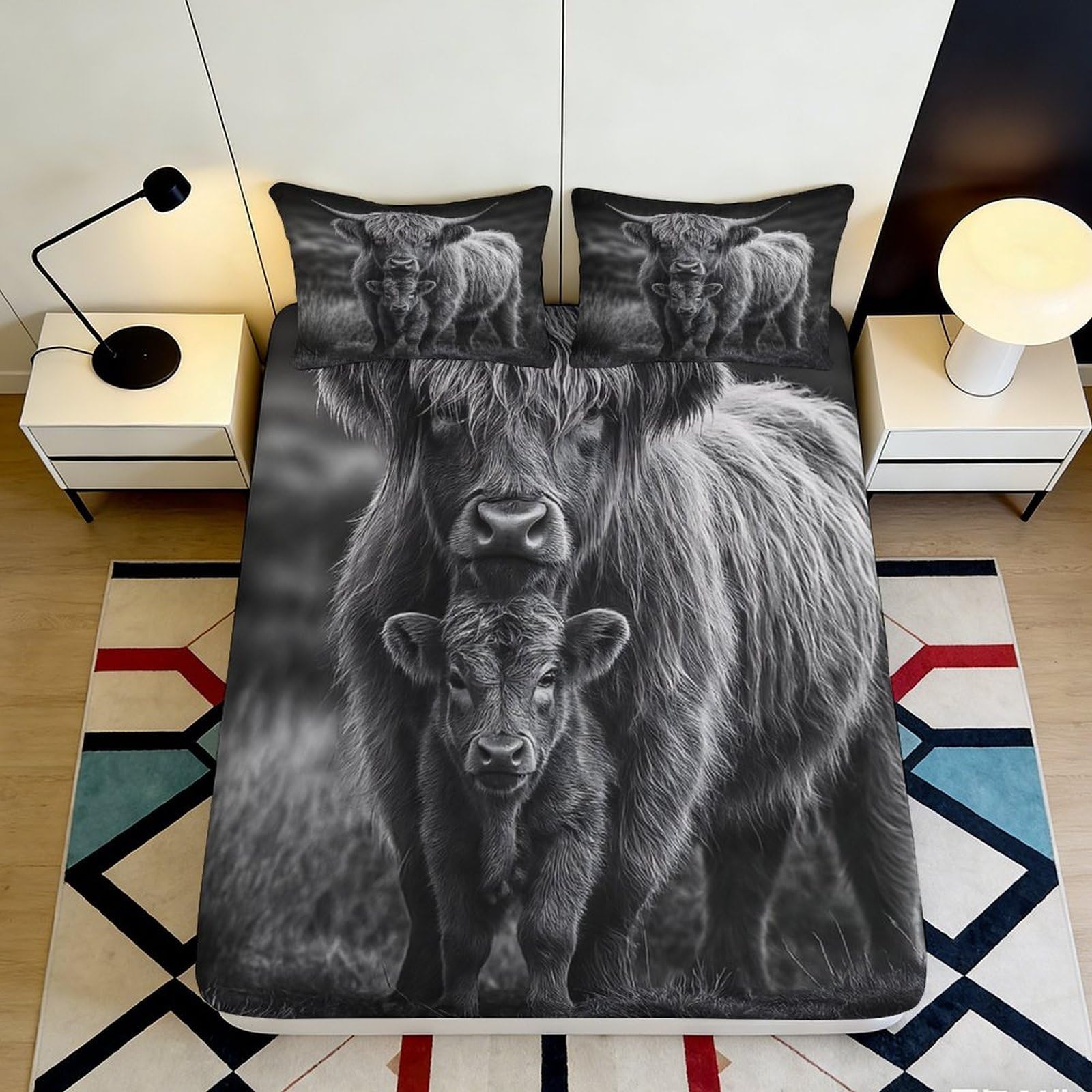Pnayamiorkfel Style-5 3D Printed Highland Cow Family Fitted Sheet Microfiber Soft Bedroom Decor Farm Animal Mattress Cover 90X200x25cm
