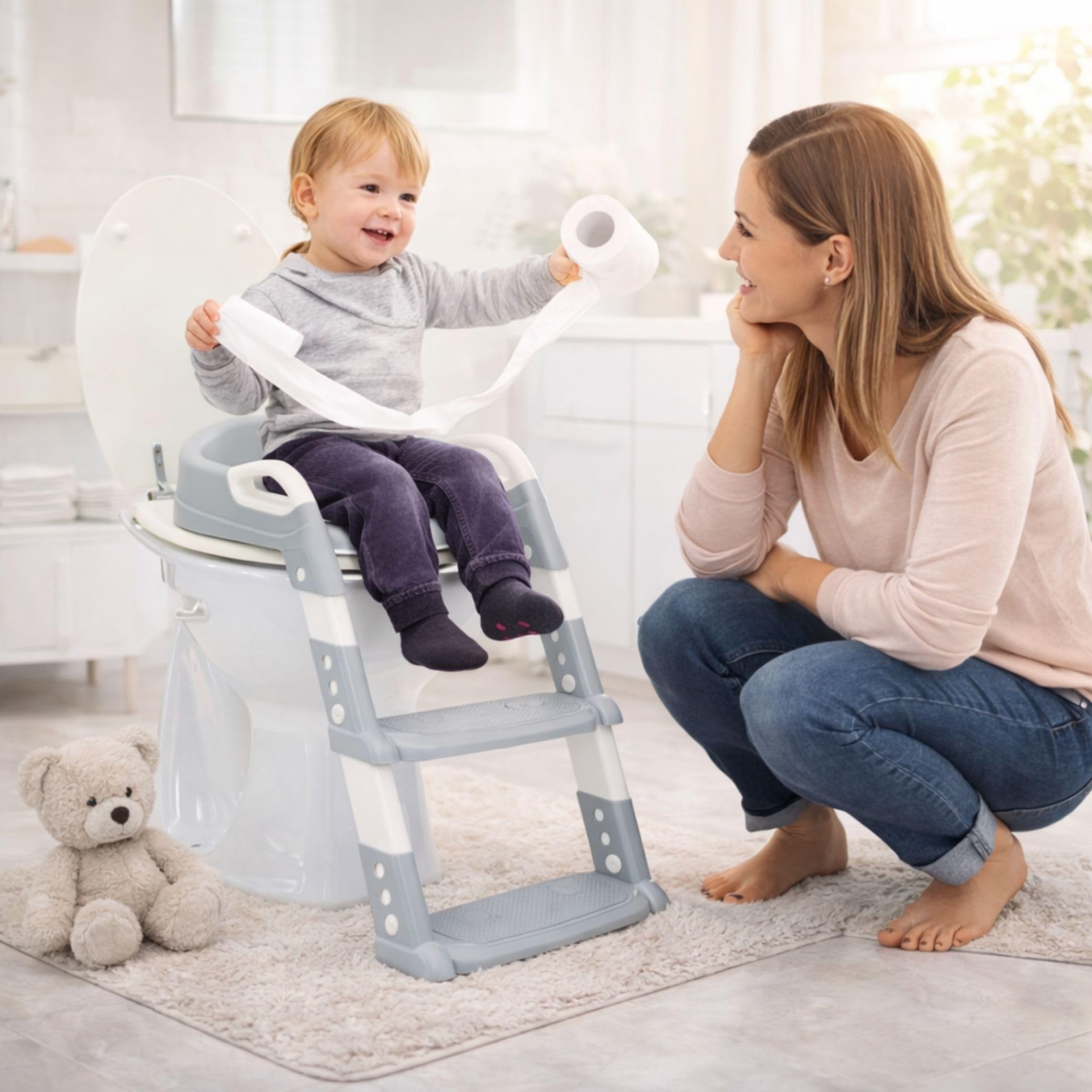Fillikid Toilettentrainer Exklusiv | Toilettensitz mit Treppe für Kinder ab 24 Monaten | Höhenverstellbar, rutschfest & klappbar | Mit Haltegriffen & weichem Sitzpolster | Toilettentrainer | Höhenverstellbar, Rutschfest & Klappbar, Mit Haltegriffen, Weich