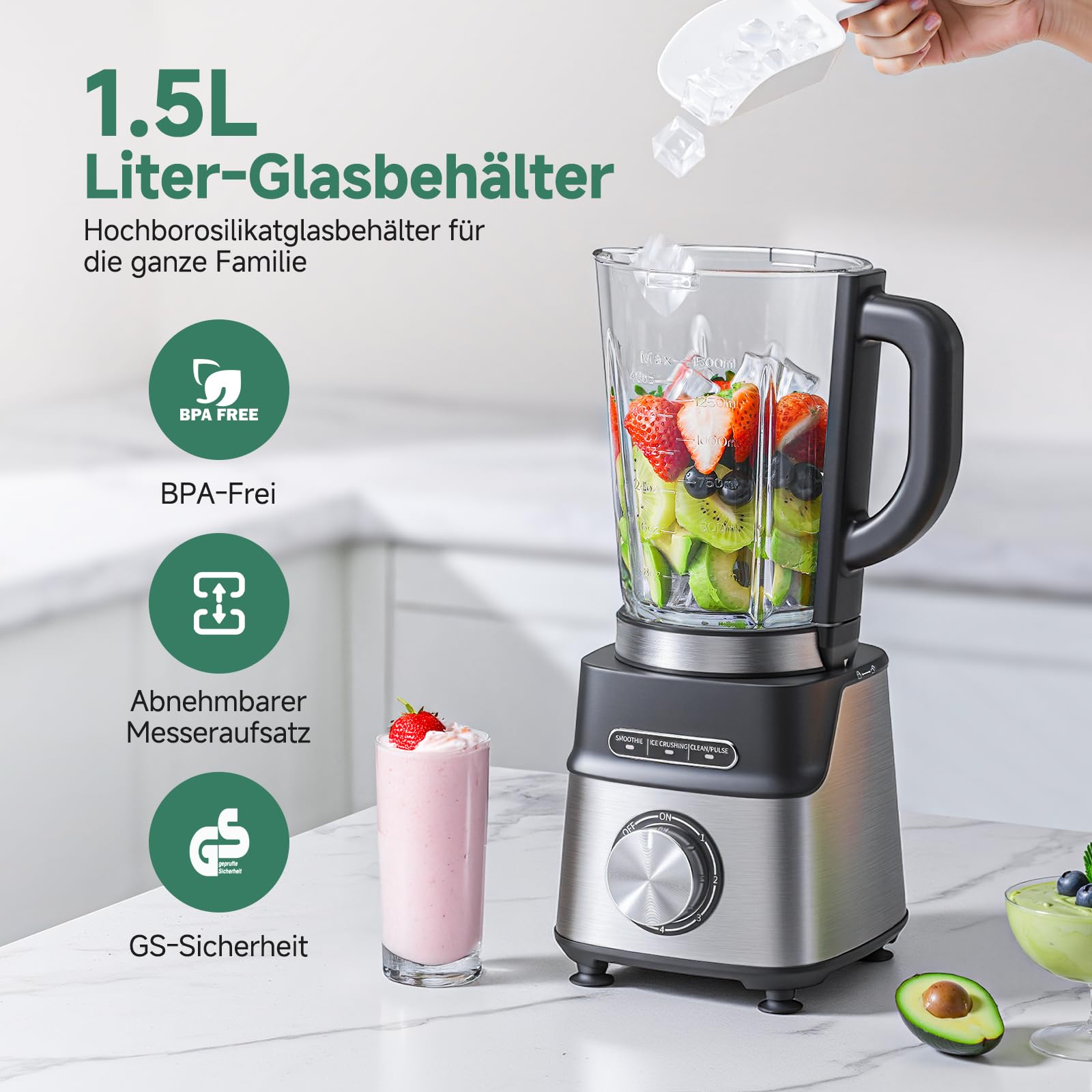 AMZCHEF Standmixer Gas Smoothie Maker mit Glasbehälter & 6-Klingen-System – Hochleistungs-Mixer 1200W für Smoothies, Eis & Shakes, 5-Stufen-Regler mit Pulse & Selbstreinigung