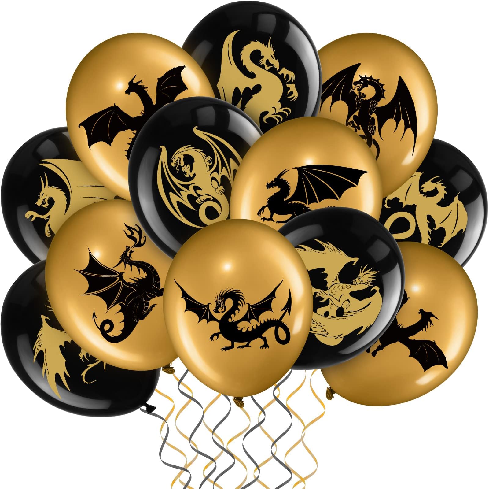 Zomiboo 50 Pieces Dragon Theme Party Supplies Dragon Birthday Party Decorations 12 Inch Black Gold Latex Balloons for Fantasy Birthday Supplies Teens Adults