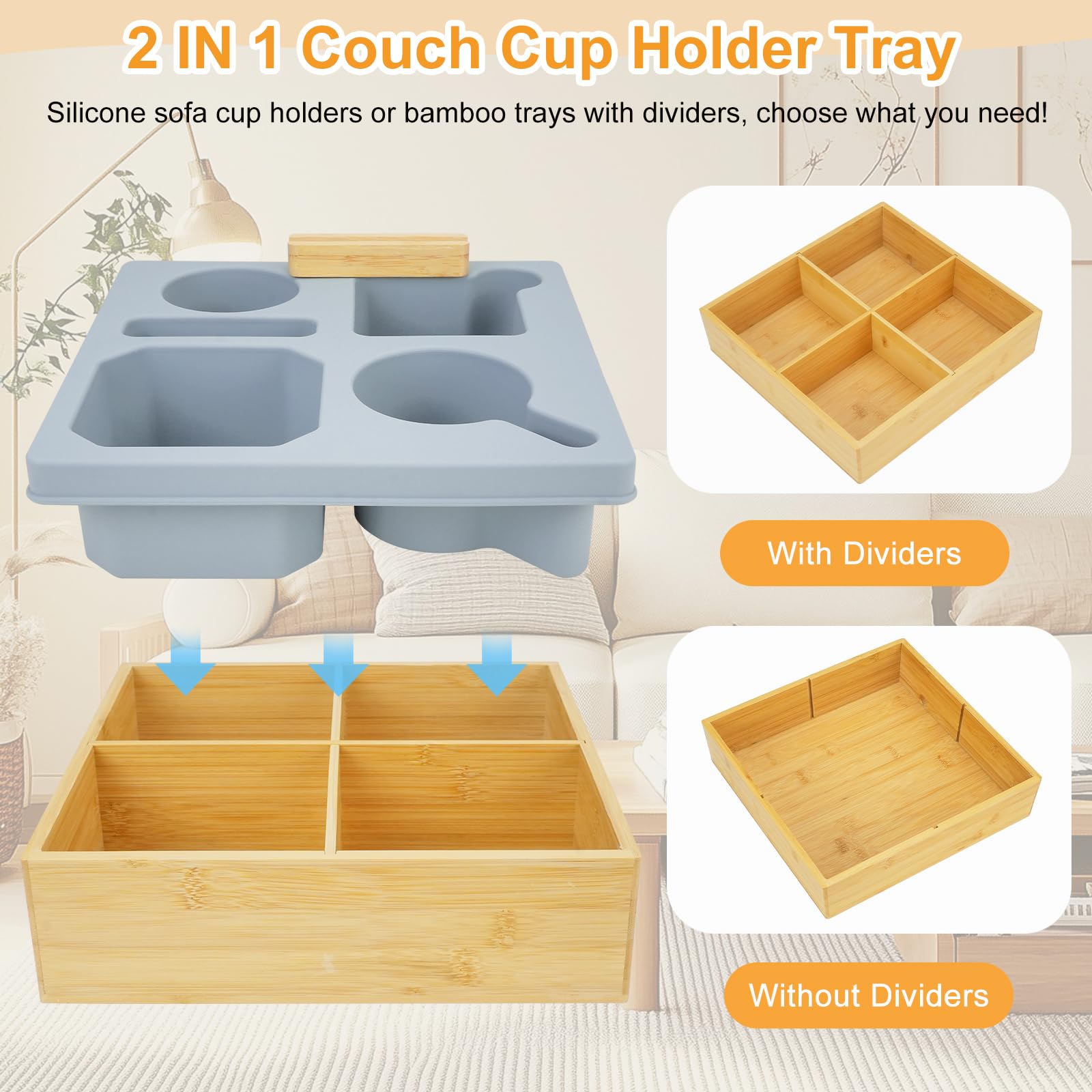 Bambus Couchbar Snackbox Mit Fächern, Snackteller Silikon Couch Organizer, Sofa Tablett Betttablett Handyhalter Geschenke für Männer Frauen Wohnzimmer Schlafzimmer Garten Camping