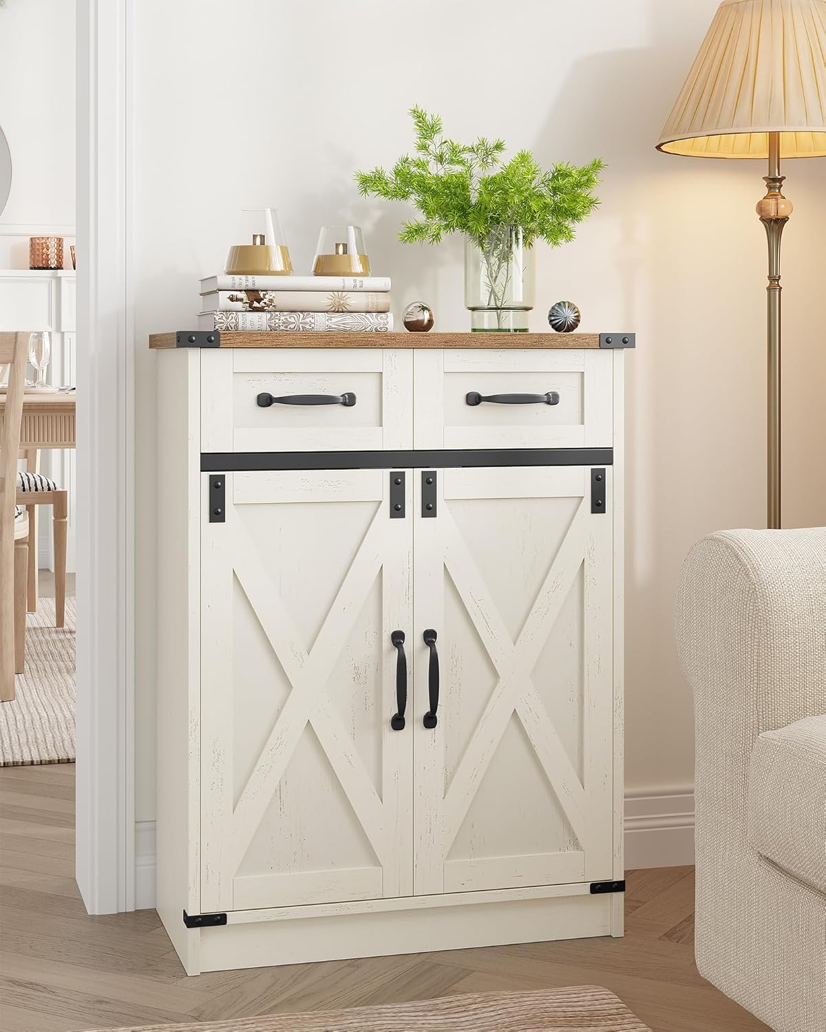Hzuaneri Mobile da Bagno, Mobiletto da Bagno con 2 Cassetti e 2 Ante, Mobiletto da Cucina, Ripiano Regolabile, 30 x 60 x 80 cm, Bianco Rustico e Noce Medio SC62414X