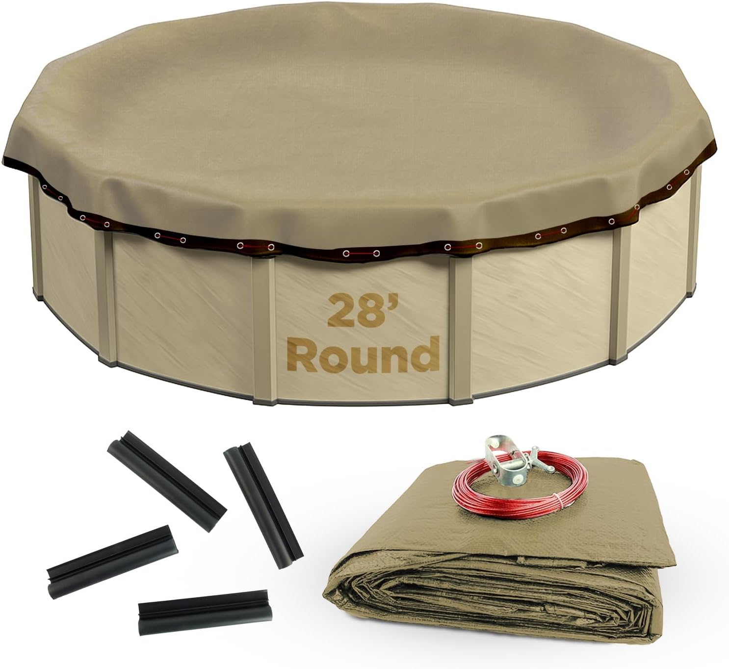 Buffalo Blizzard 28 ft Round Supreme Plus Winter Cover for Above Ground Swimming Pools | Tan/Silver | 4 ft Overlap & Wind Guard Clips Included for Secure Installation
