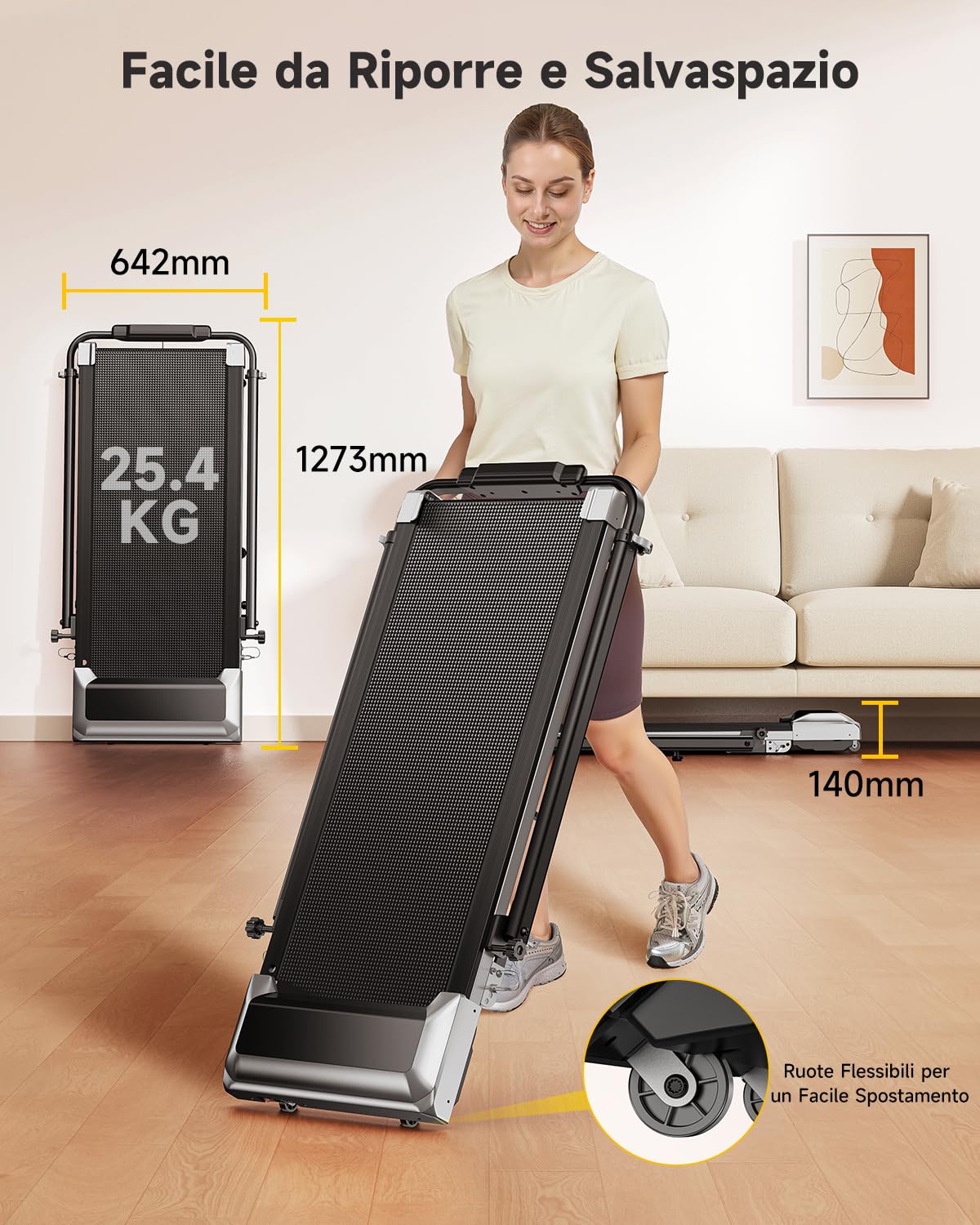 Tapis Roulant Elettrico con 12% Pendenza, 6 in 1 Tapis Roulant Pieghevole, 12km/h, 1150MM Tubo Montante Retrattile, Tubo Montante Rotante, 2.5HP Motore, App e Telecomando