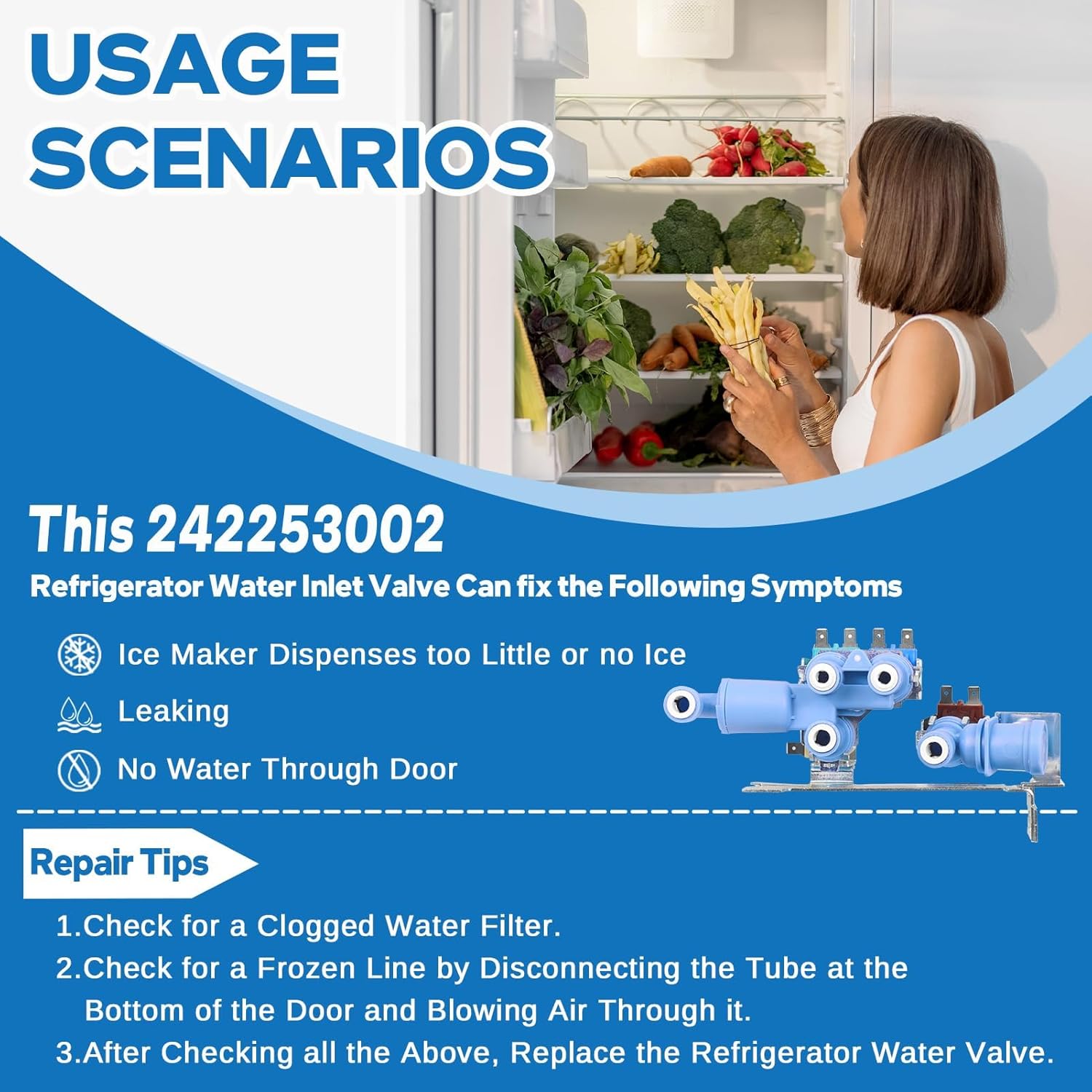Upgraded 242253002 242102201 Refrigerator Water Inlet Valve Replacement Fit for Frigidaire, Electrolux, Kenmore Refrigerator Parts, Replace 2689640, AP5669874, PS7321353, EAP7321353