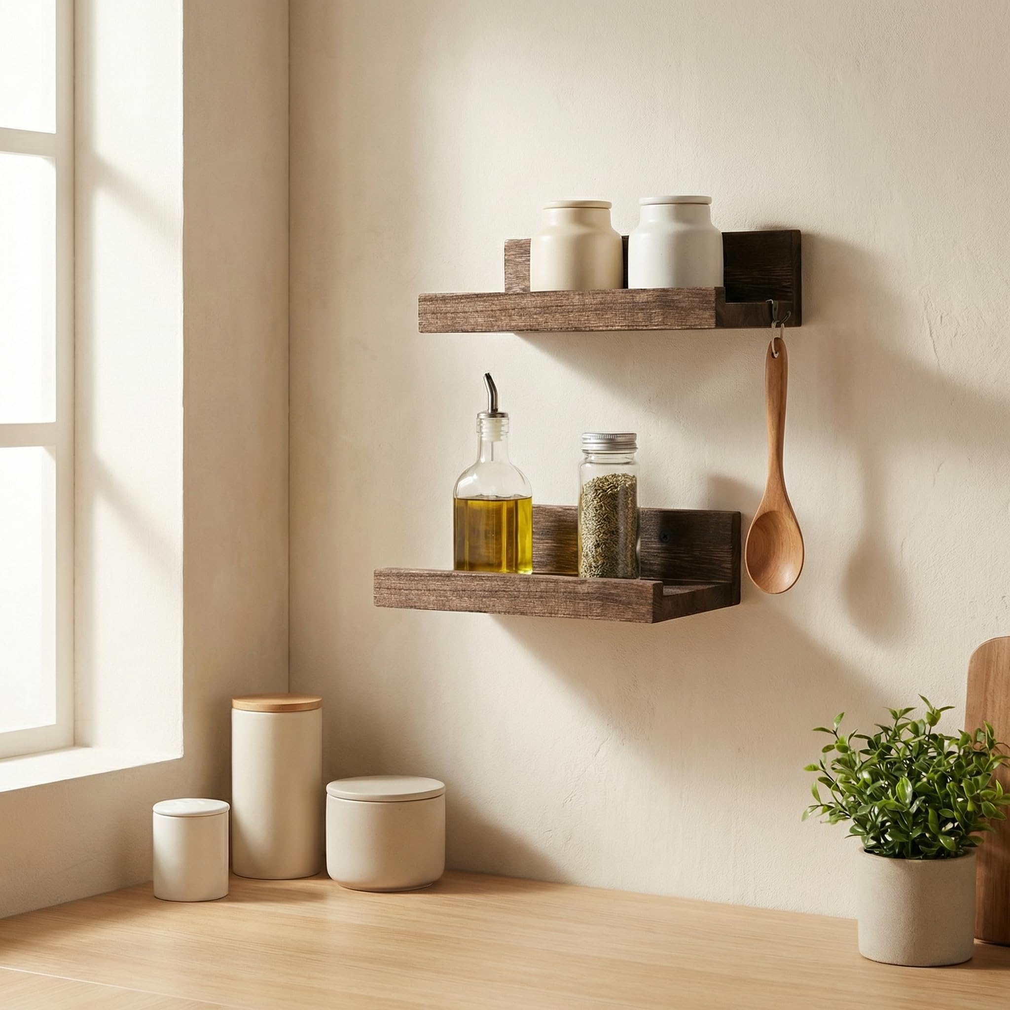 Z metnal Juego de 2 estantes flotantes de madera maciza, estantes de pared rústicos para marcos de fotos y figuras, estantes de pared para gatos, estante flotante de madera natural, estante esquinero