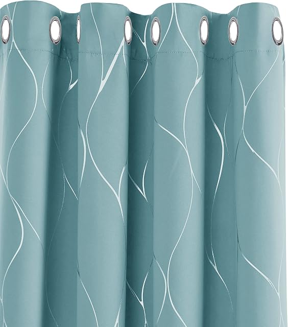 Deconovo Curtains, Blackout Eyelet Curtains, Home Decoration Thermal Insulated Wave Line Foil Printed Ring Top Curtains for Kids Bedroom, 52 x 63 Inch(Width x Length), Sky Blue, one pair
