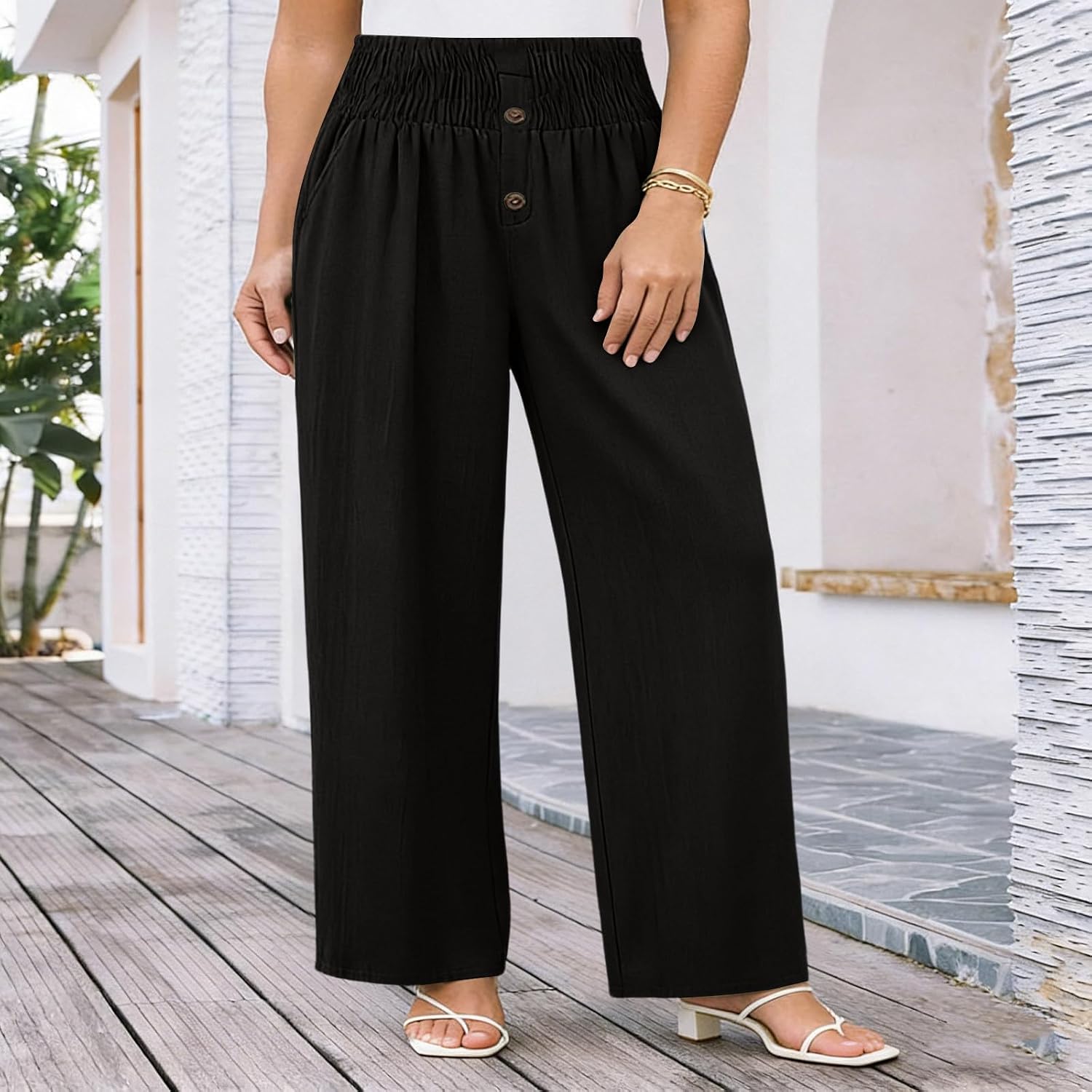 Womens Baggy Wide Leg Pants Summer Elastic High Waisted Palazzo Pants Beach Vacation Casual Trousers with Pockets