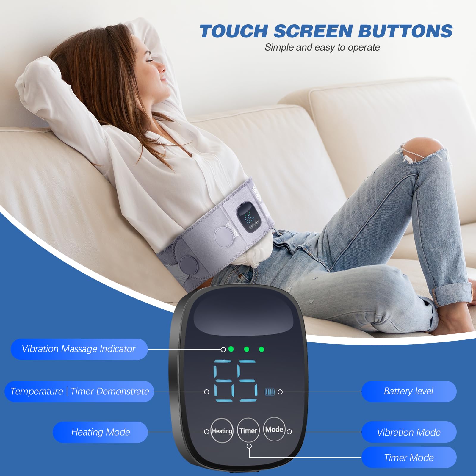 Clemas Coussin Chauffant Sans Fil avec Massager, Chauffe-Dos Portable, Massager Lombaire avec 3 Niveaux de Chauffage, Ceinture Chauffante