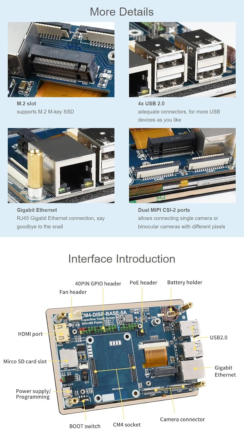Waveshare 5″ Touch Screen Expansion for Raspberry Pi Compute Module 4 800×480 Pixels Display Supports 4K (3840 * 2160) 30fps Output via HDMI Port