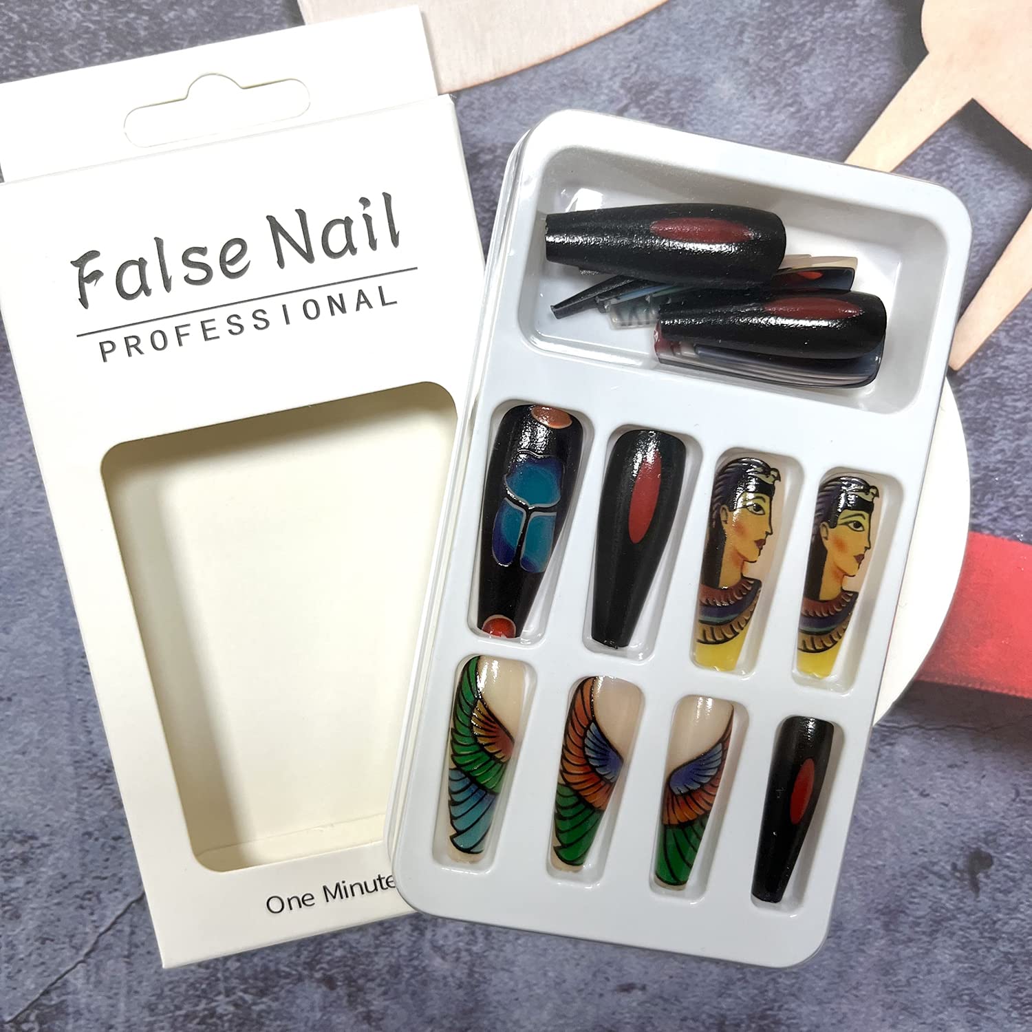 24Pcs Press on Nails Long,Coffin Fake Nails with Wings Designs Full Cover Manicure Queen of Ancient Egypt False Nails Glue on Nails Ballet Wearable Nail Decoration for Women Girls