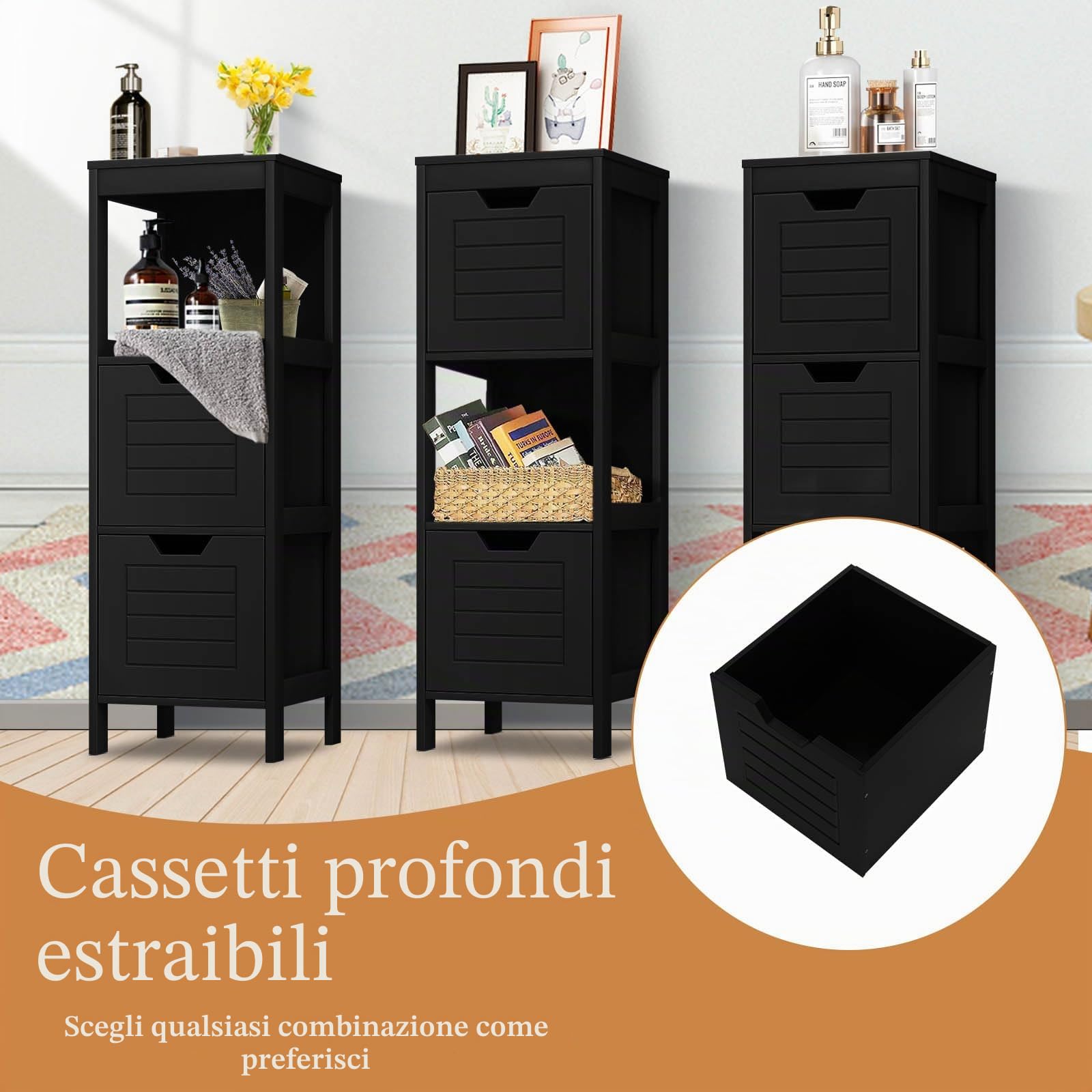 LIFEZEAL Mobiletto Bagno Salvaspazio, Scaffale Multiuso con 2 cassetti, Mobile Bagno in Legno 30x30x89cm, Armadietto da Terra per Cucina e Soggiorno (nero 1)