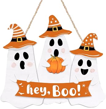 Halloween Decorations Ghost Door Sign, Cute Ghost Hey Boo Hanging Sign Wooden Welcome Wreath Front Door Hanger for Wall Indoor Home Decor