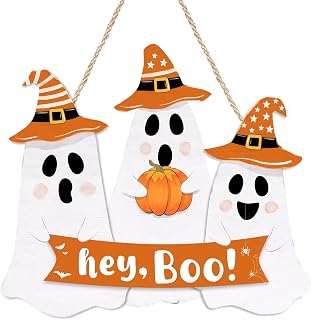 Halloween Decorations Ghost Door Sign, Cute Ghost Hey Boo Hanging Sign Wooden Welcome Wreath Front Door Hanger for Wall Indoor Home Decor