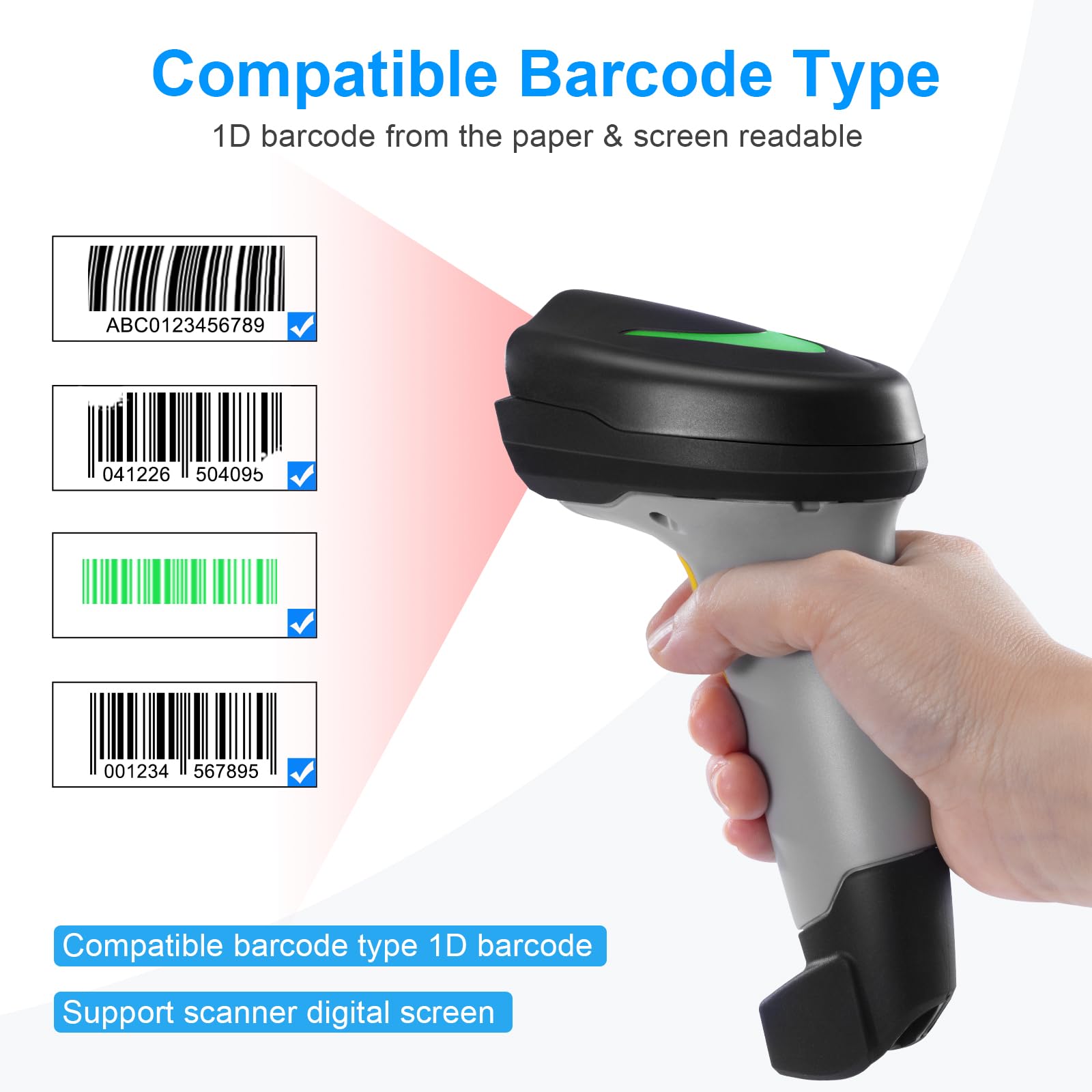 Escáner de código de barras inalámbrico, lector de código de barras 1D con soporte, 2.4G inalámbrico y conexión USB con cable Plug and Play, escáneres de código de barras de mano