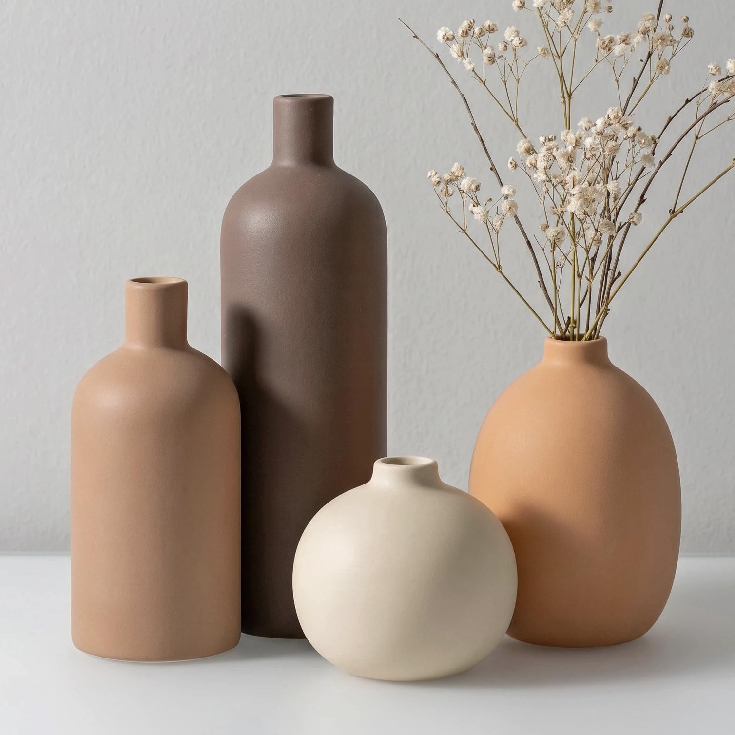 Ceramic Vase Set of 4 Modern Home Decor for Shelves Neutral Color Minimalist