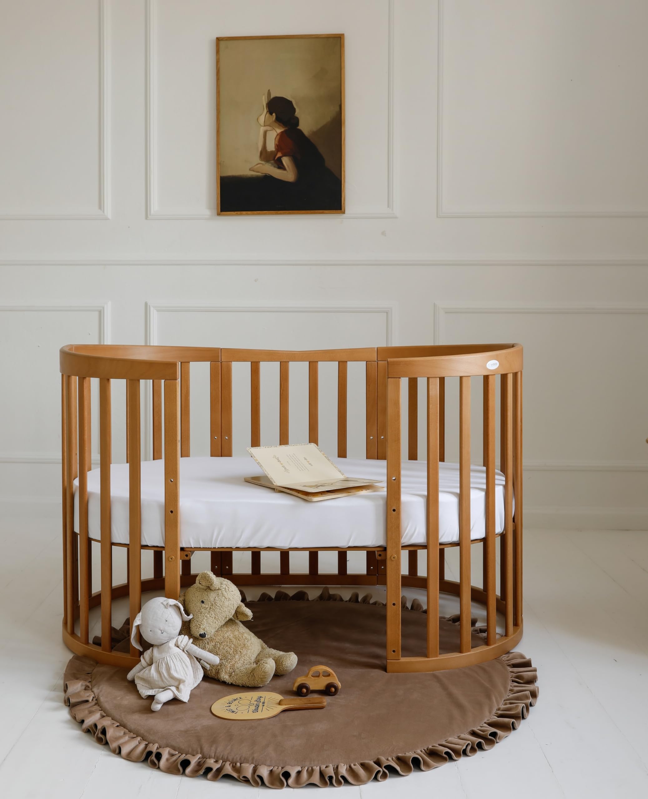 waldin Babybett 7in1, Matratze, Rollen, Regal, Vintage | Ohne Stoffset, Mitwachsend, Beistellbett aus Holz, Wiege optional