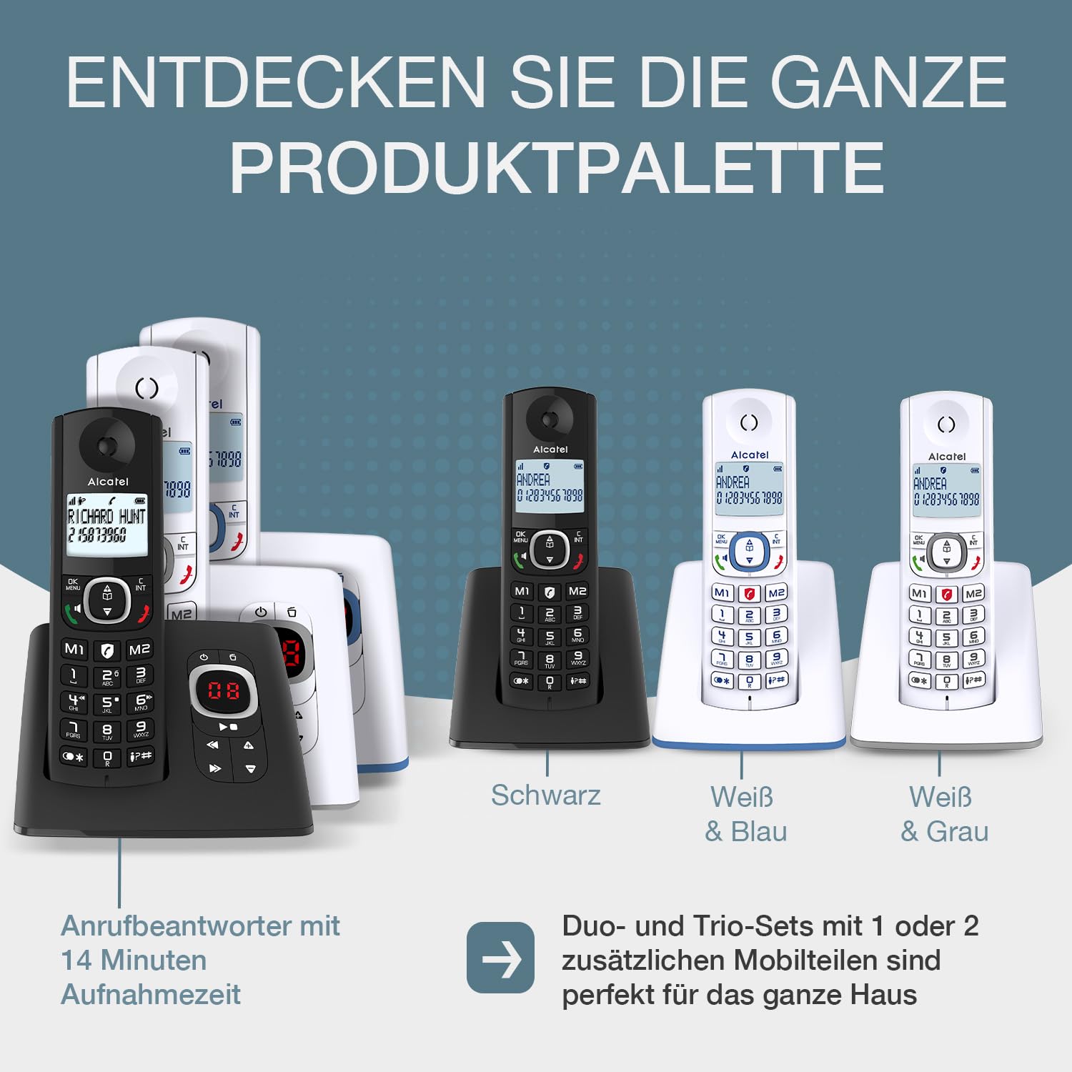 ALCATEL F530 Voice - Schnurloses Festnetztelefon DECT mit Anrufbeantworter - Großes beleuchtetes Display - Freisprechfunktion - Anrufblockierungsfunktion - 2 Direktwahltasten - Weiß/Blau