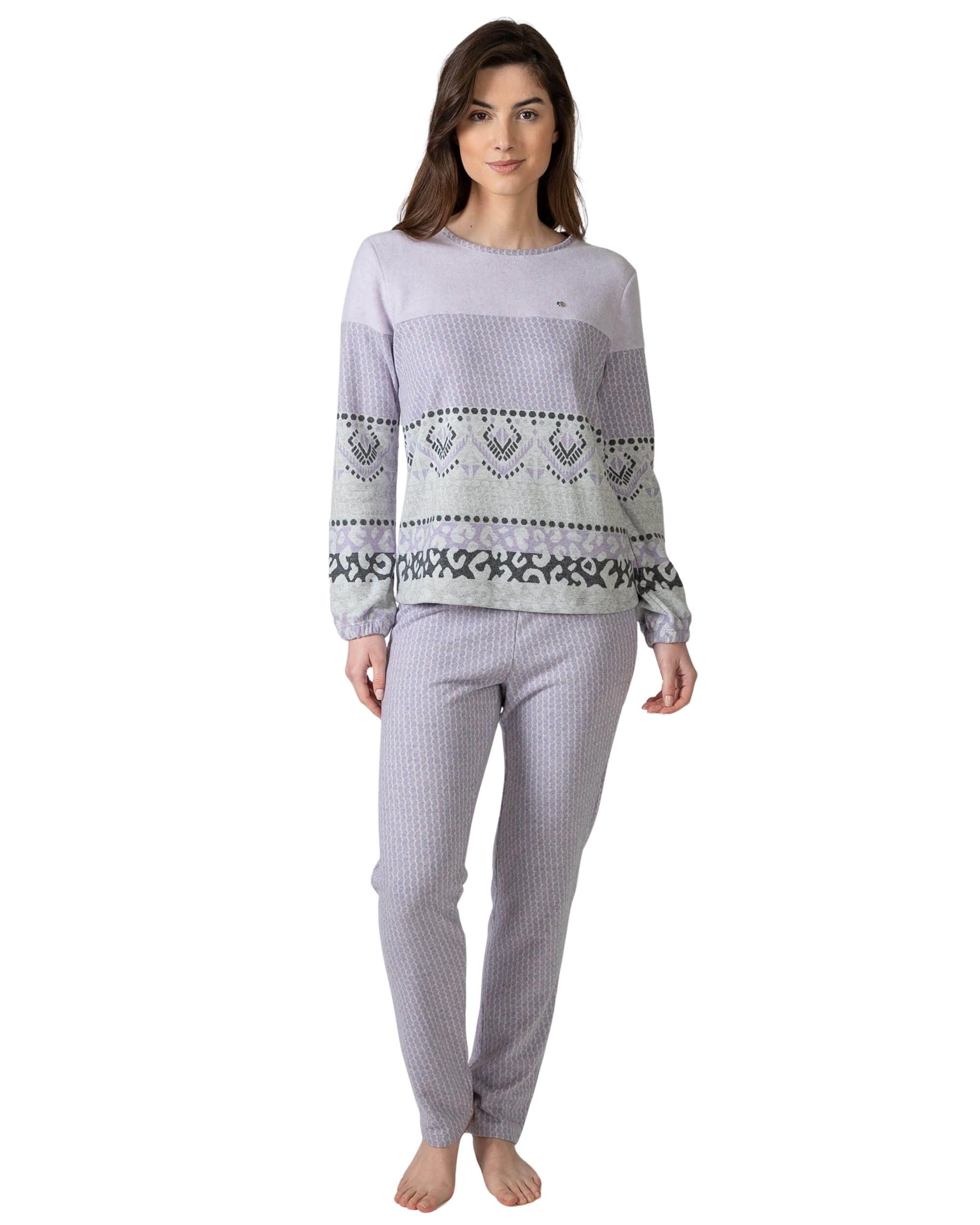 MASSANA Pijama de Invierno para Mujer P751229, Conjunto de 2 Piezas, Diseño Jacquard Étnico en Lila y Gris, Manga Larga