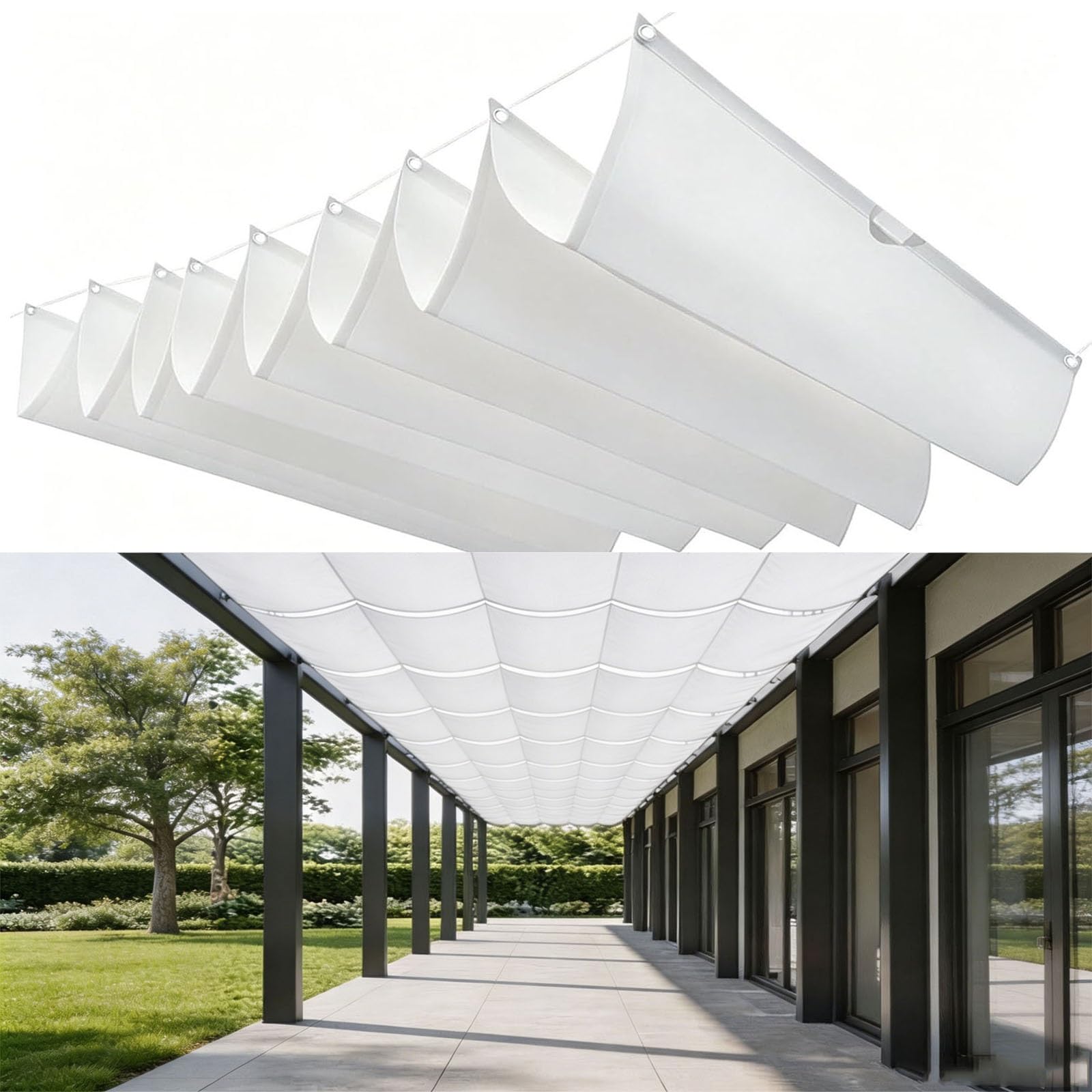 Voile d'ombrage rétractable vague blanc pour ombrager un patio ou une pergola de jardin