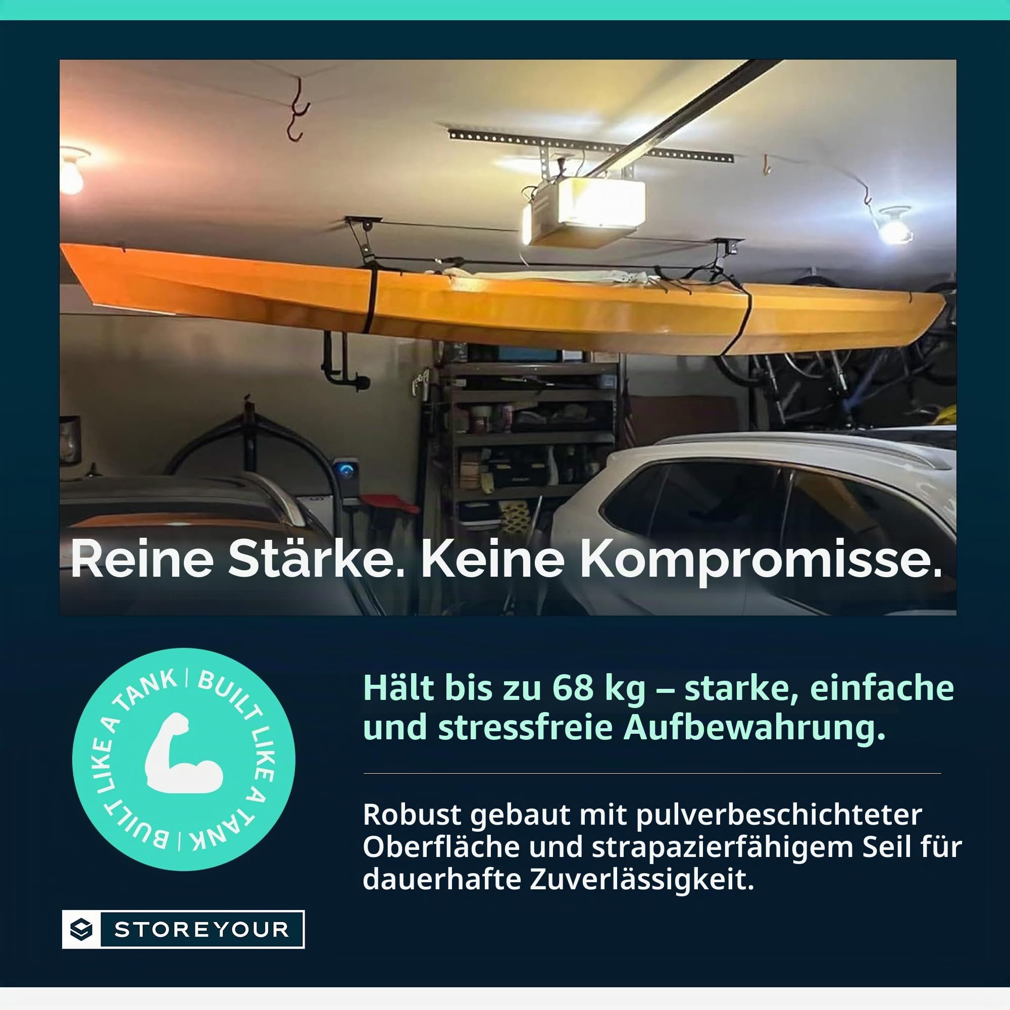 StoreYourBoard Kajak- und Kanu-Decken-Flaschenzugsystem, Garagenhalterung, Lagerheber, strapazierfähig, hält 68 kg, Indoor-Organizer