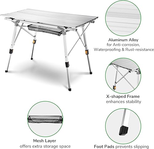 Miniatura 4 de Yescom Mesa de campamento plegable de aluminio portátil con patas ajustables, mesa enrollable ligera para barbacoa al aire libre, picnic, patio
