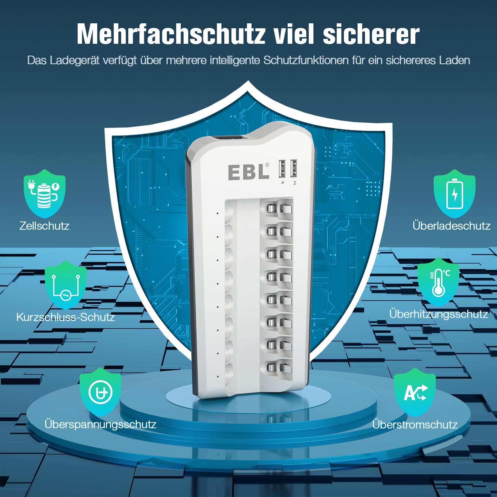EBL Akku ladegerät mit AA Akku 2800mAh 8 Stück - Batterieladegerät mit 2-USB Port für AA, AAA, NI-MH Akkus und USB Geräte, Multischutz, LED Anzeige für Akkus