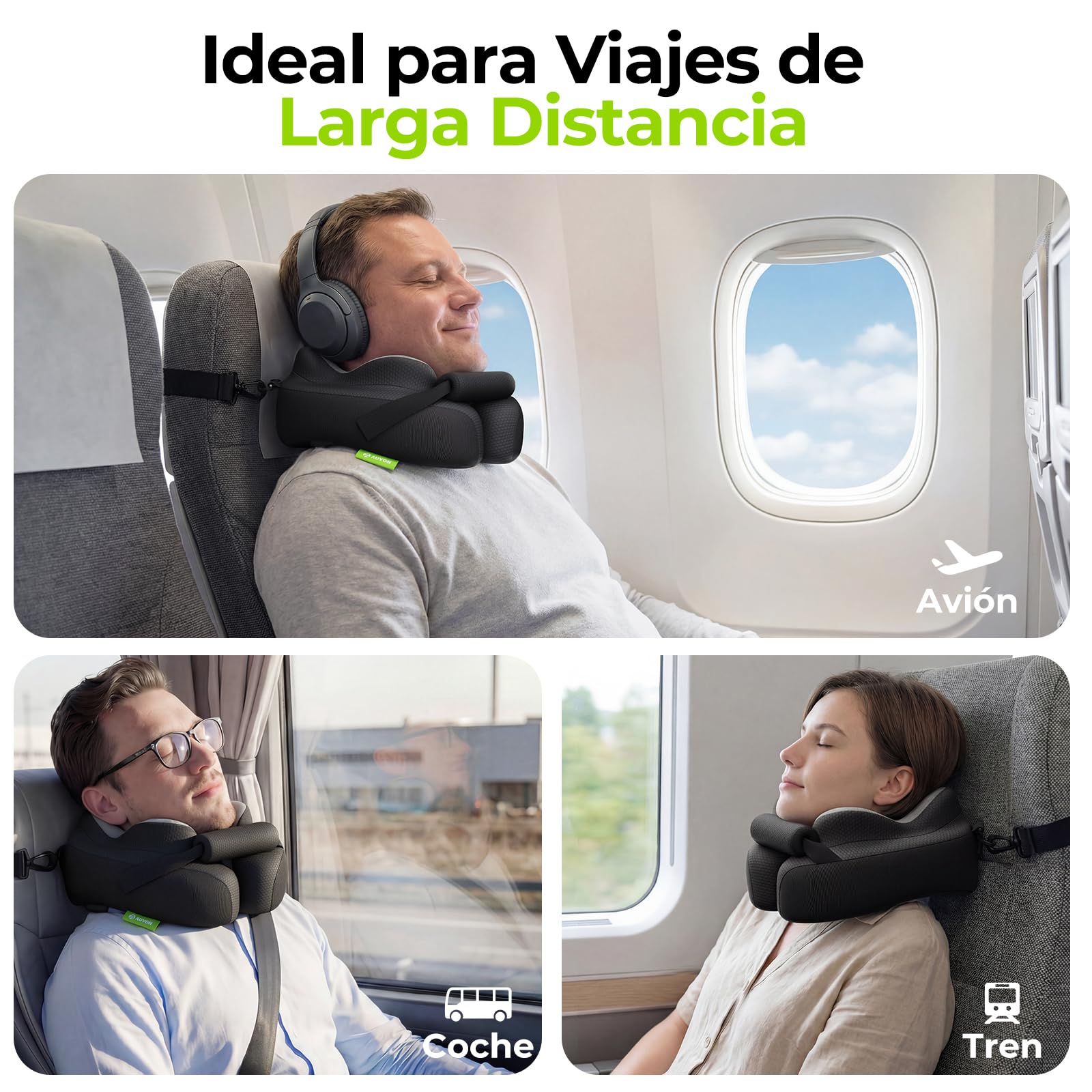 AUVON Almohada de Viaje Cuello con Soporte de Barbilla y Correas para Asiento de Avión, Estabiliza la Cabeza para Dormir Cómodamente, Cojín Cuello Viaje de Espuma Viscoelástica Transpirable