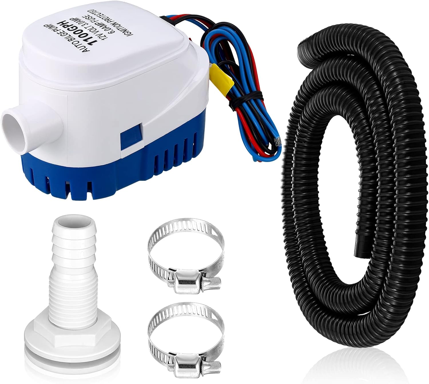 Lounsweer 5 Pcs Bilge Pump Plumbing Kit Including Electric 12v Boat Bilge Water Pump PVC Hose 2 Clamps Thru Hull Fitting, 1-1/8-inch