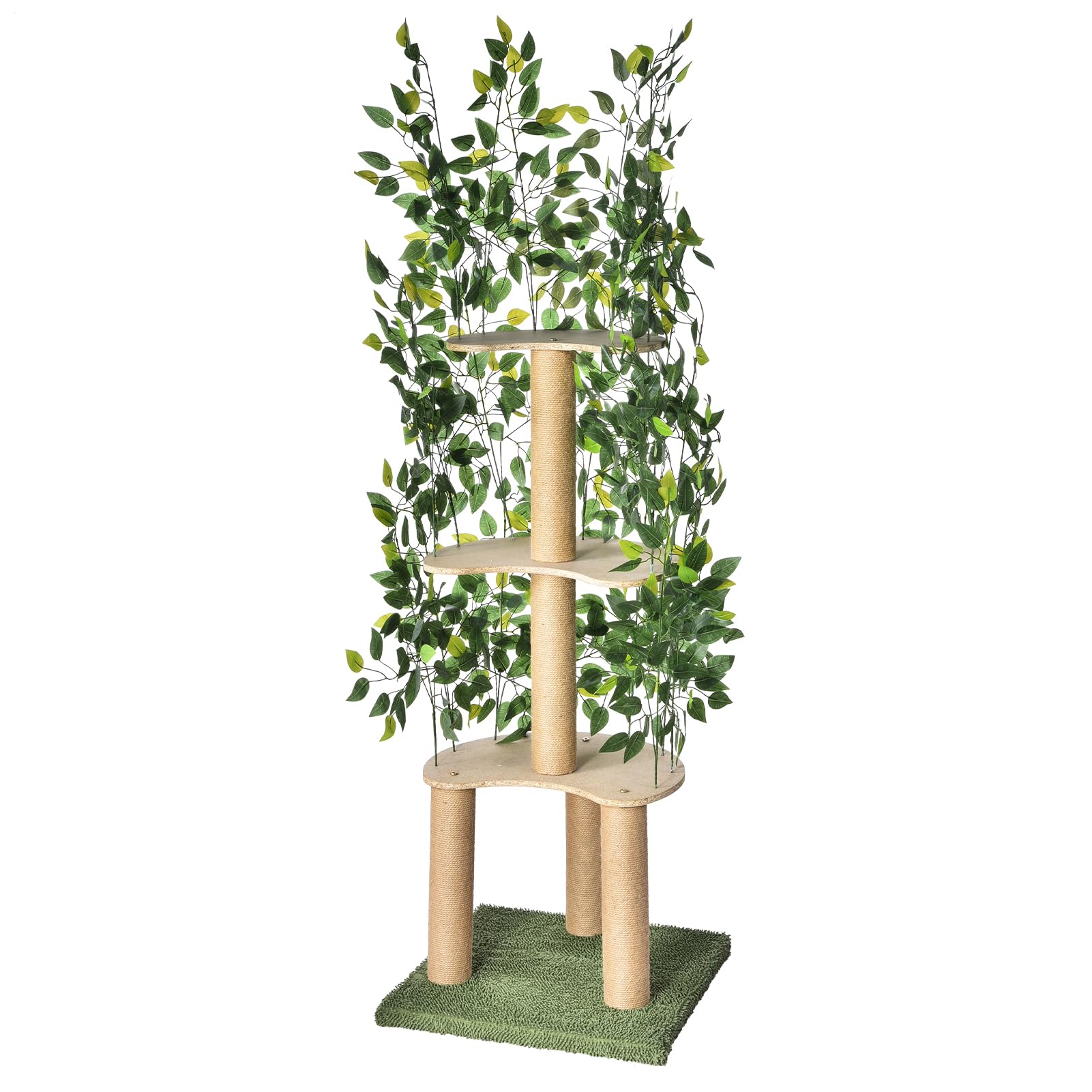 Tiragraffi con foglie e telaio in legno, 150 × 50 × 50 cm – stabile albero per gatti a più piani con palo in sisal, design moderno per casa, gioco e relax