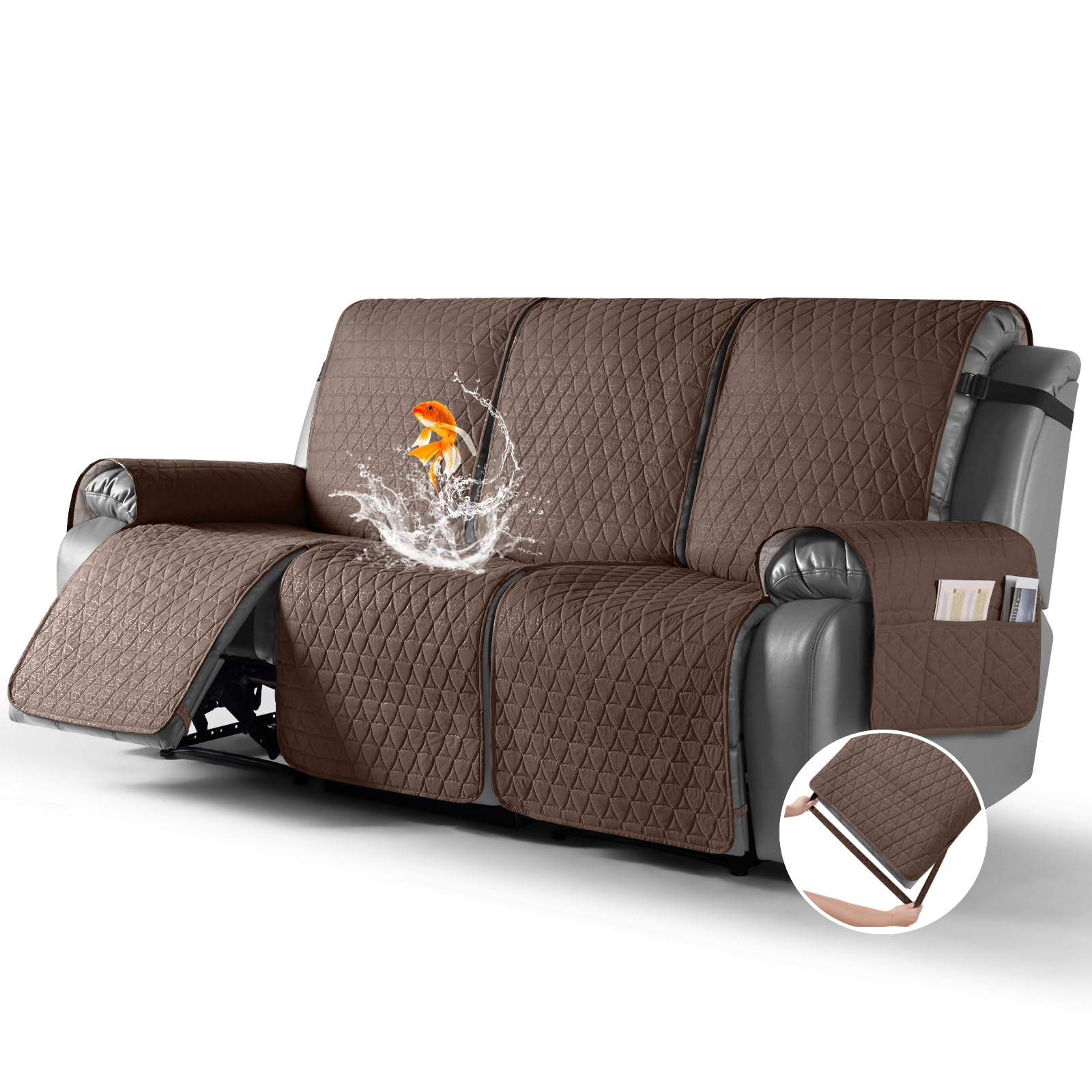 Funda de sofá reclinable 100% impermeable, funda antideslizante para sofá reclinable de 3 plazas, con correas elásticas para las piernas, lavable, apta para mascotas (marrón, 3 plazas)