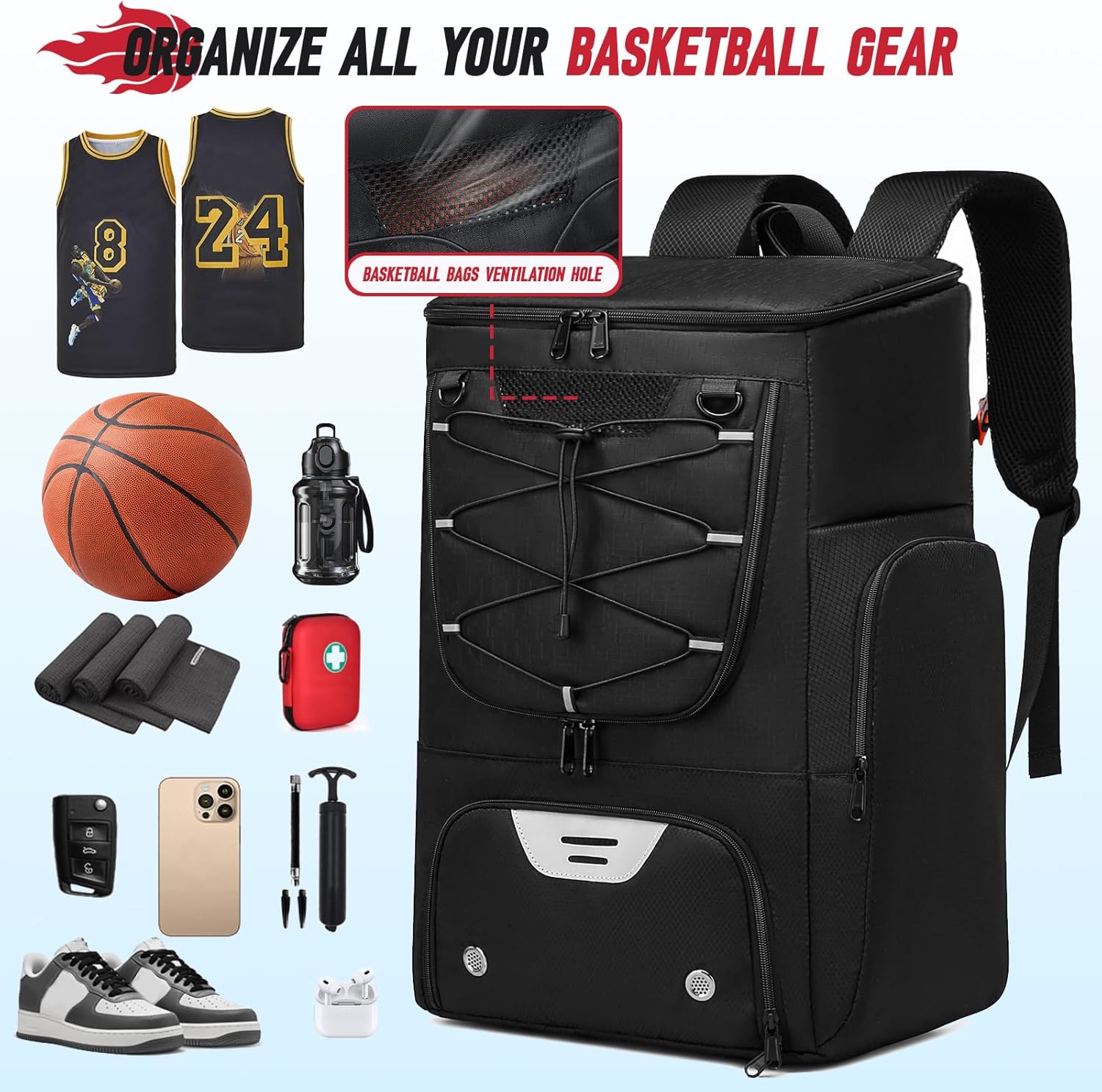 Basketball Backpack, Basketball Bag with Separate Ball Holder & Shoes Compartment Water Resistant Sports Bag Basketball Equipment Bags Fit Volleyball, Soccer, Swim, Gym, Travel, Black - Image 3