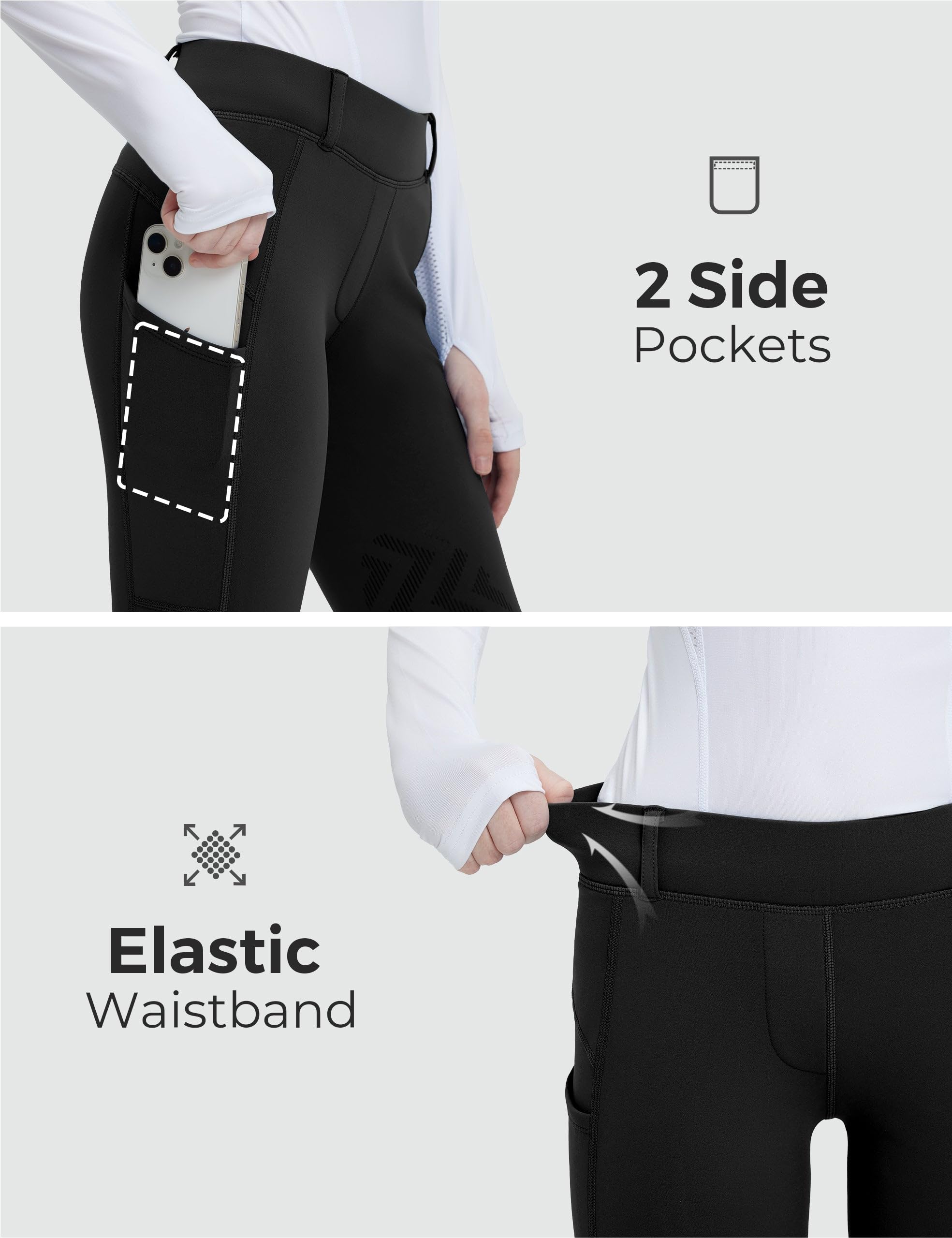 FitsT4 Sports Pantalones de equitación de invierno para niñas, pantalones de equitación de forro polar con parche en la rodilla, mallas ecuestres y bolsillos