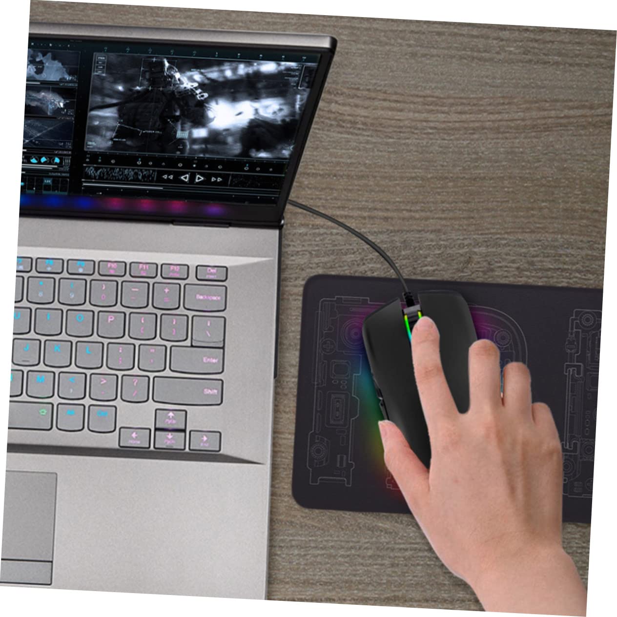 Ratón Gaming USB-c de 7 Teclas Iluminación RGB para PC | Óptico Profesional, Negro Abs Mate, 800/1200/1600/3200 Dpi, Plug Play para Ordenador y Portátil